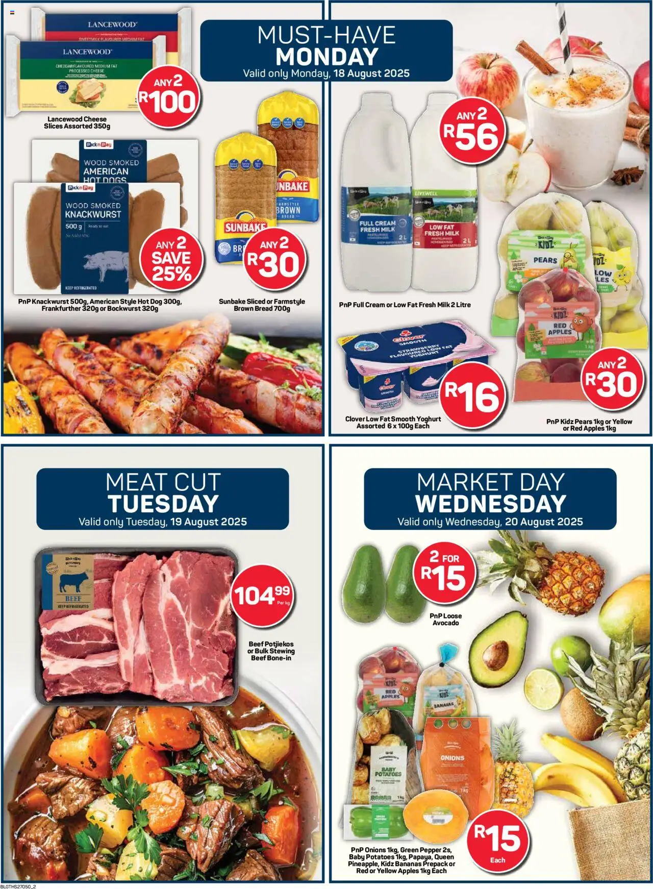 Pick n Pay Inland provinces - Weekly Specials │ valid from 18.08.2025 | Page: 2 | Products: Milk, Cheese, Bread, Apples