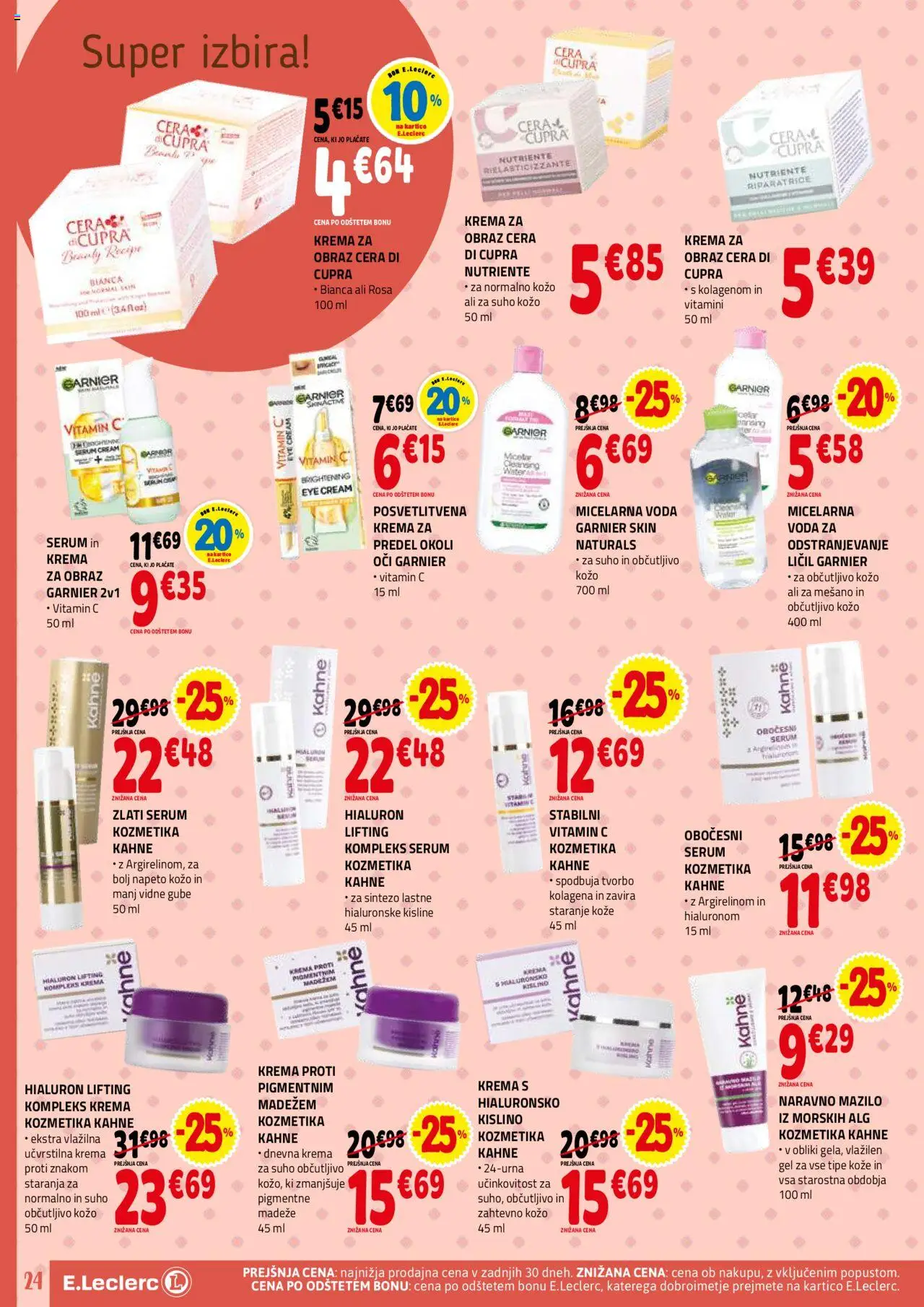Novi E.leclerc katalog ponudbe – veljaven od 10.09.2025 | Stran: 24 | Izdelki: Krema, Micelarna voda, Voda, Krema za obraz