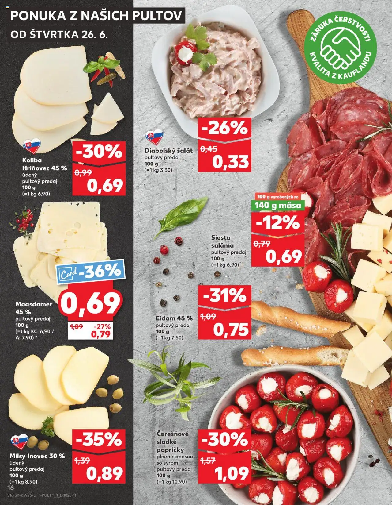 Nové Kaufland akcie – leták je platný od 26.06.2025 | Strana: 16 | Produkty: Saláma, Eidam, Šalát