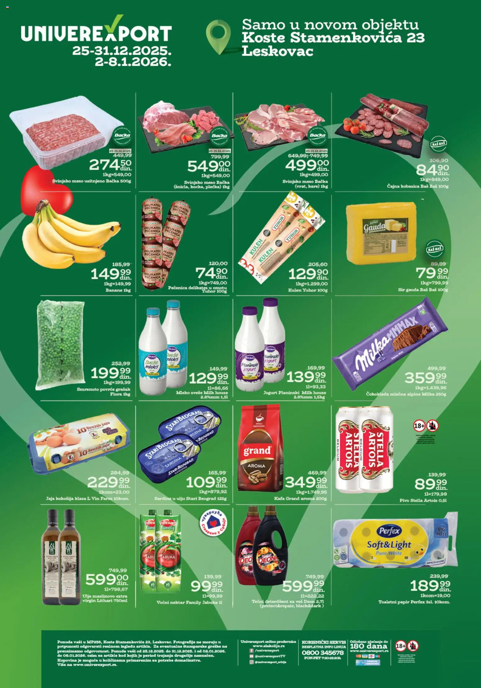 Univerexport katalog - važi od 25.12.2025 | Strana: 1 | Proizvode: Stella Artois, Ulje, Banane, Sardina