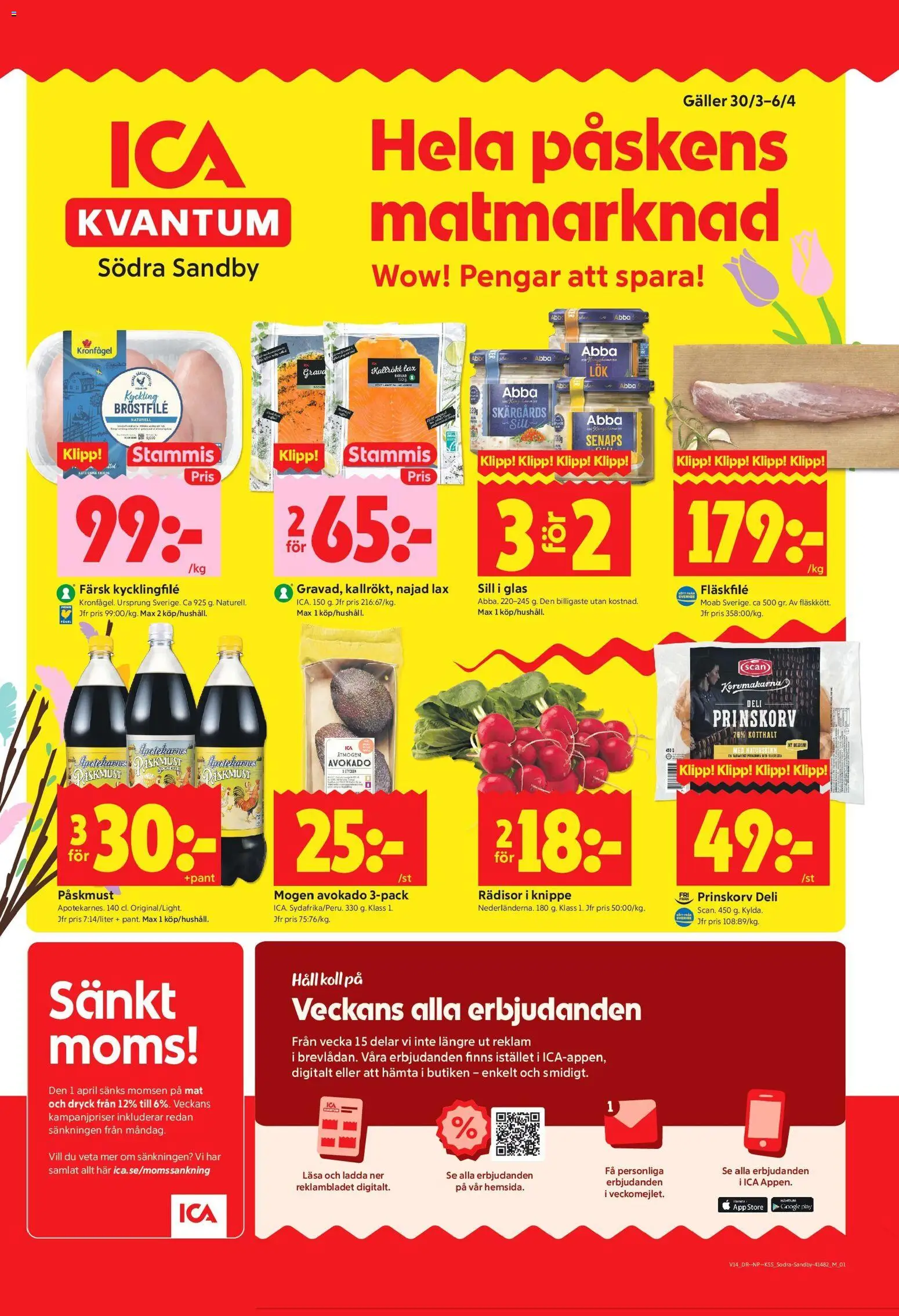 ICA Kvantum reklamblad aktuell från 30.03.2026 | Sida: 1 | Produkter: Prinskorv, Kycklingfile, Galler, Lax