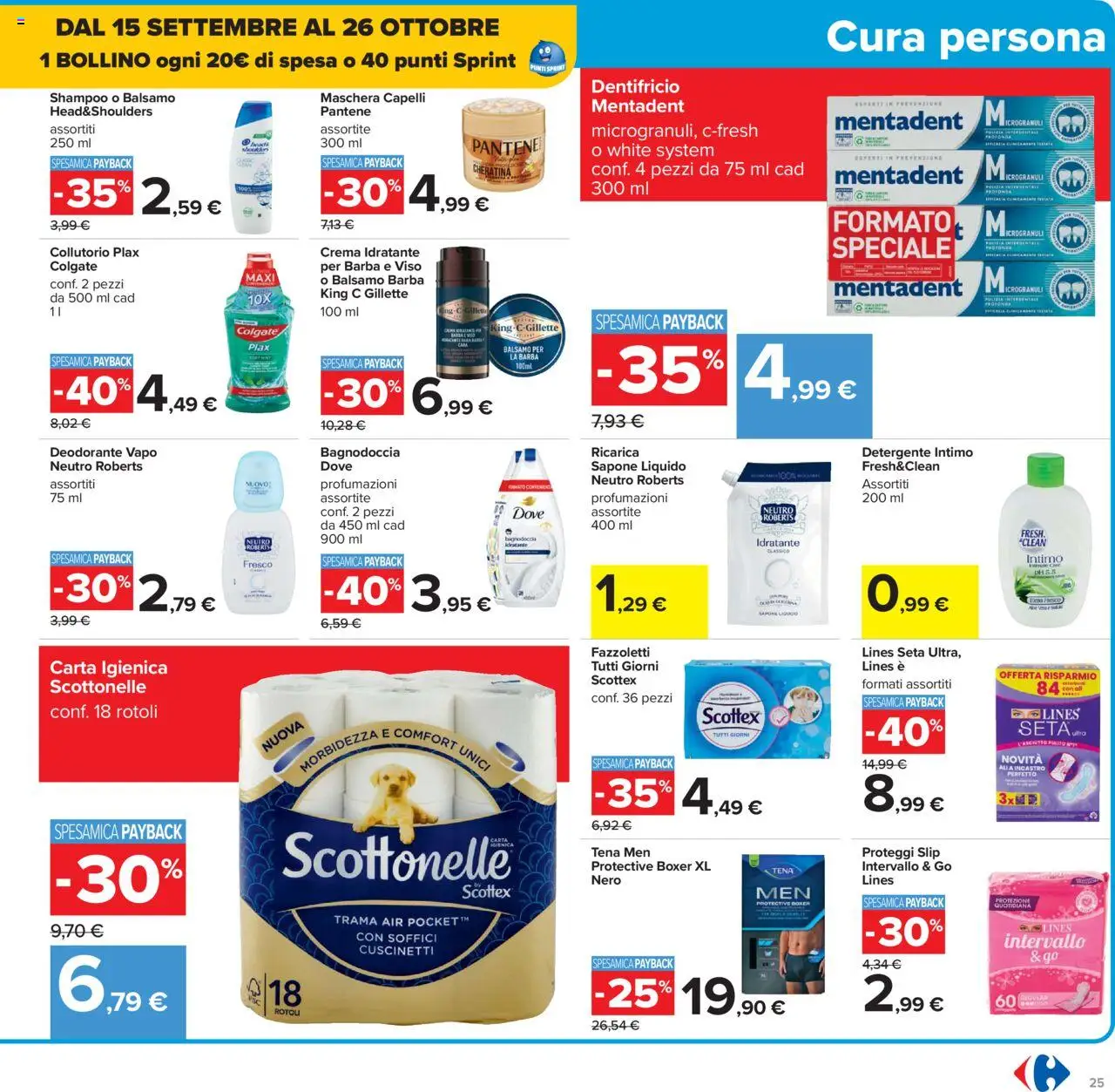 Volantino Carrefour del 10.10.2025 | Pagina: 25 | Prodotti: Shampoo, Carta igienica, Deodorante, Dentifricio