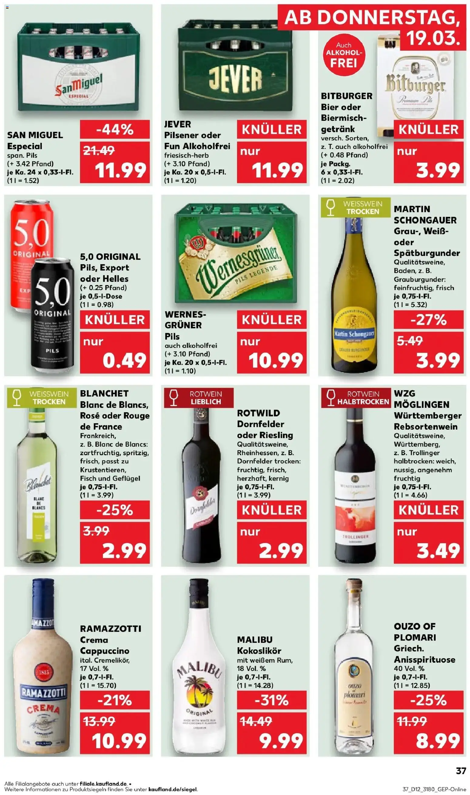 Kaufland Prospekt Rudolstadt	 – gültig ab 19.03.2026 | Seite: 37 | Produkte: Ouzo, Weißwein trocken, Rouge, Ramazzotti