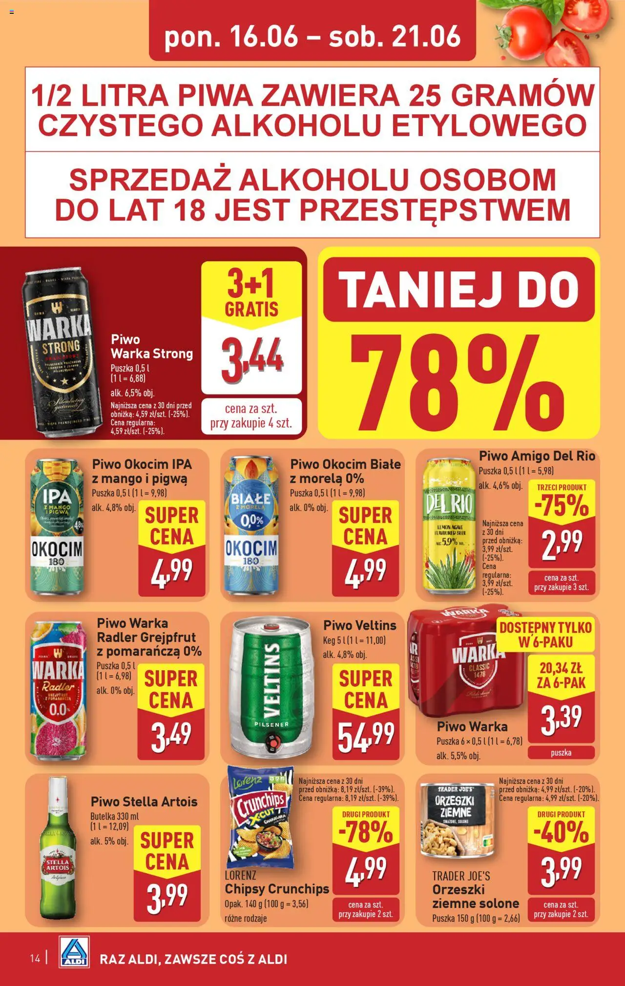 Aldi Gazetka od 16.06.2025 | Strona: 14 | Produkty: Warka, Piwo Warka, Orzeszki ziemne, Grejpfrut