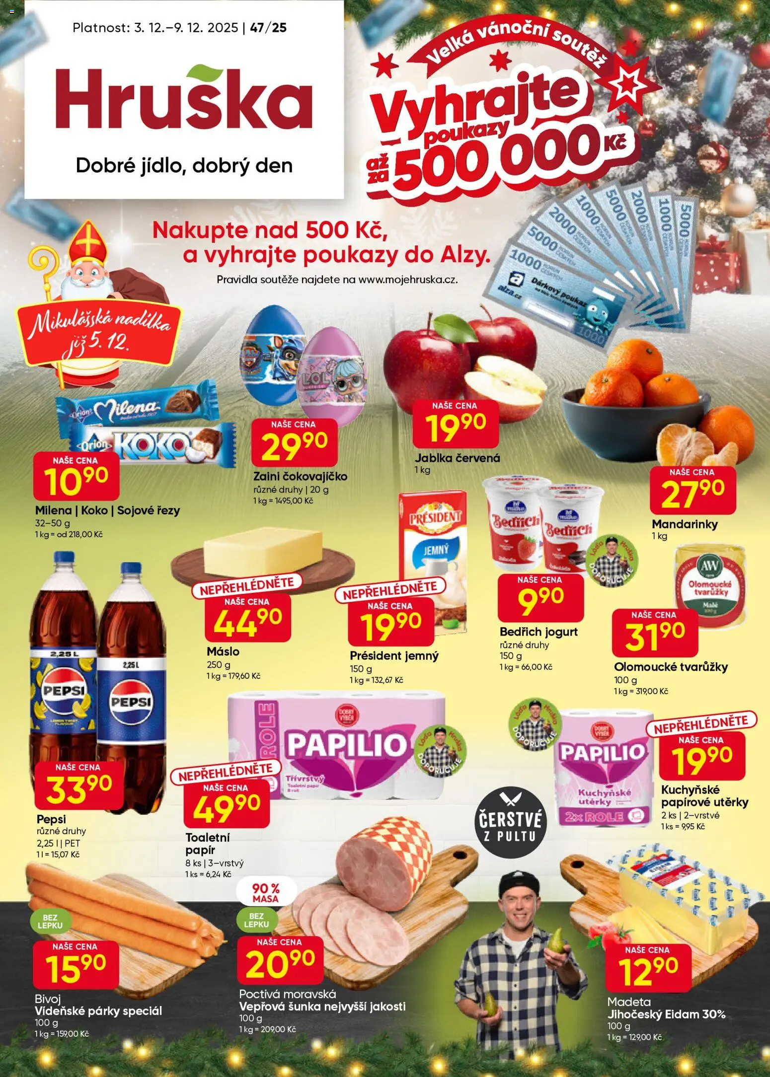 Hruška leták od 03.12.2025 | Strana: 1 | Produkty: Máslo, Tvarůžky, Kuchyňské utěrky, Pepsi