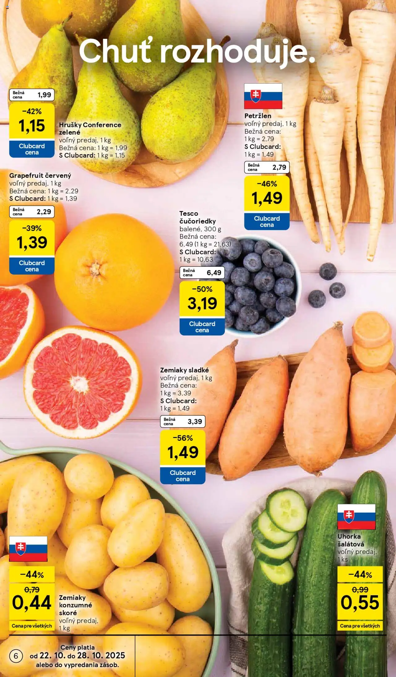 Nové Tesco akcie – leták je platný od 22.10.2025 | Strana: 6 | Produkty: Čučoriedky, Zemiaky, Hrušky, Petržlen