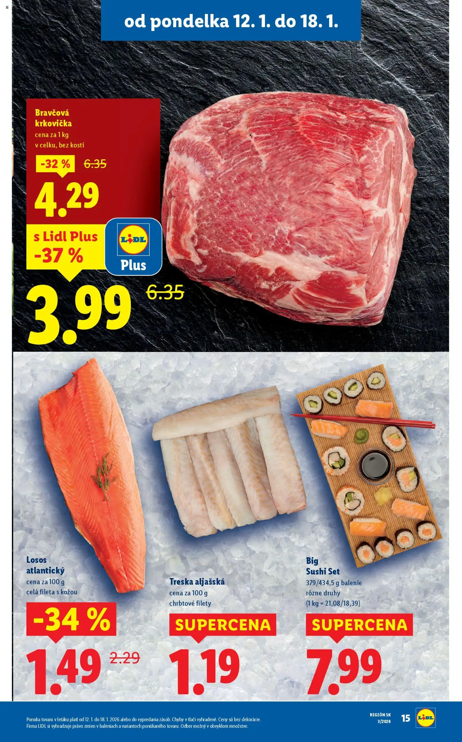 Nové Lidl akcie – leták je platný od 12.01.2026 | Strana: 15 | Produkty: Losos, Krkovička, Sushi, Treska