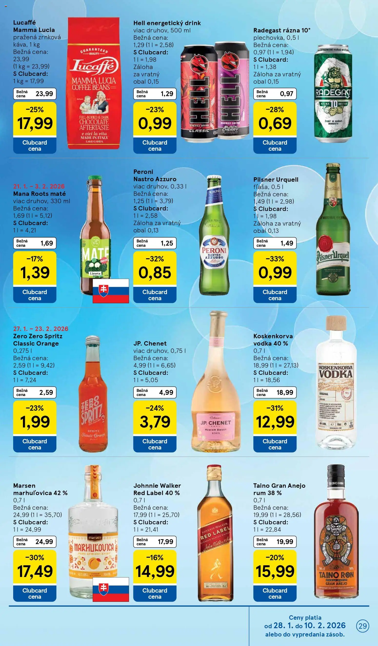 Nové Tesco akcie – leták je platný od 28.01.2026 | Strana: 29 | Produkty: Pilsner Urquell, Whisky, Energetický drink, Rum
