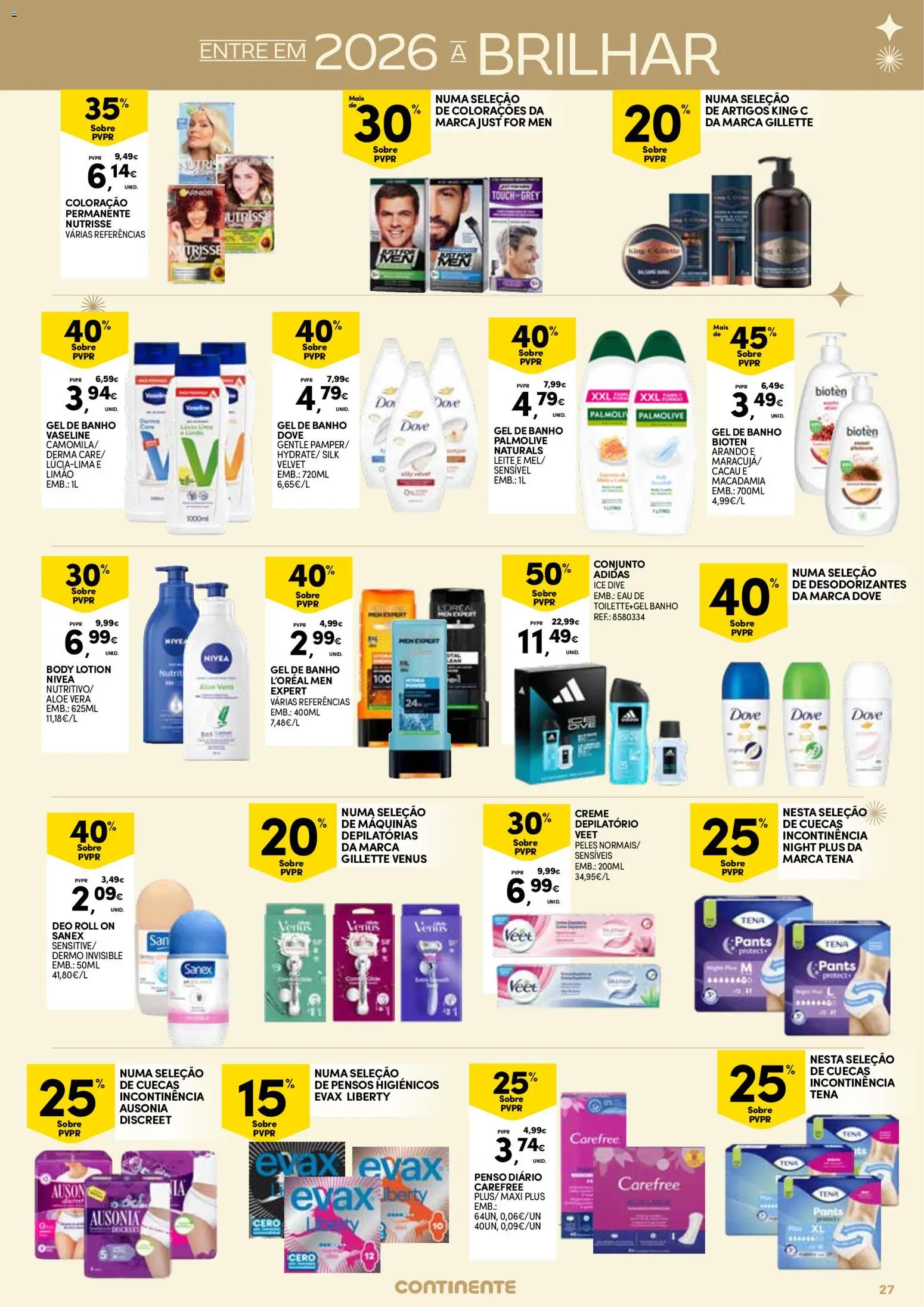 Continente - Açores: Fim de Ano │ válido de 26.12.2025 | Página: 27 | Produtos: Pensos higiénicos, Gel de banho, Leite, Banho