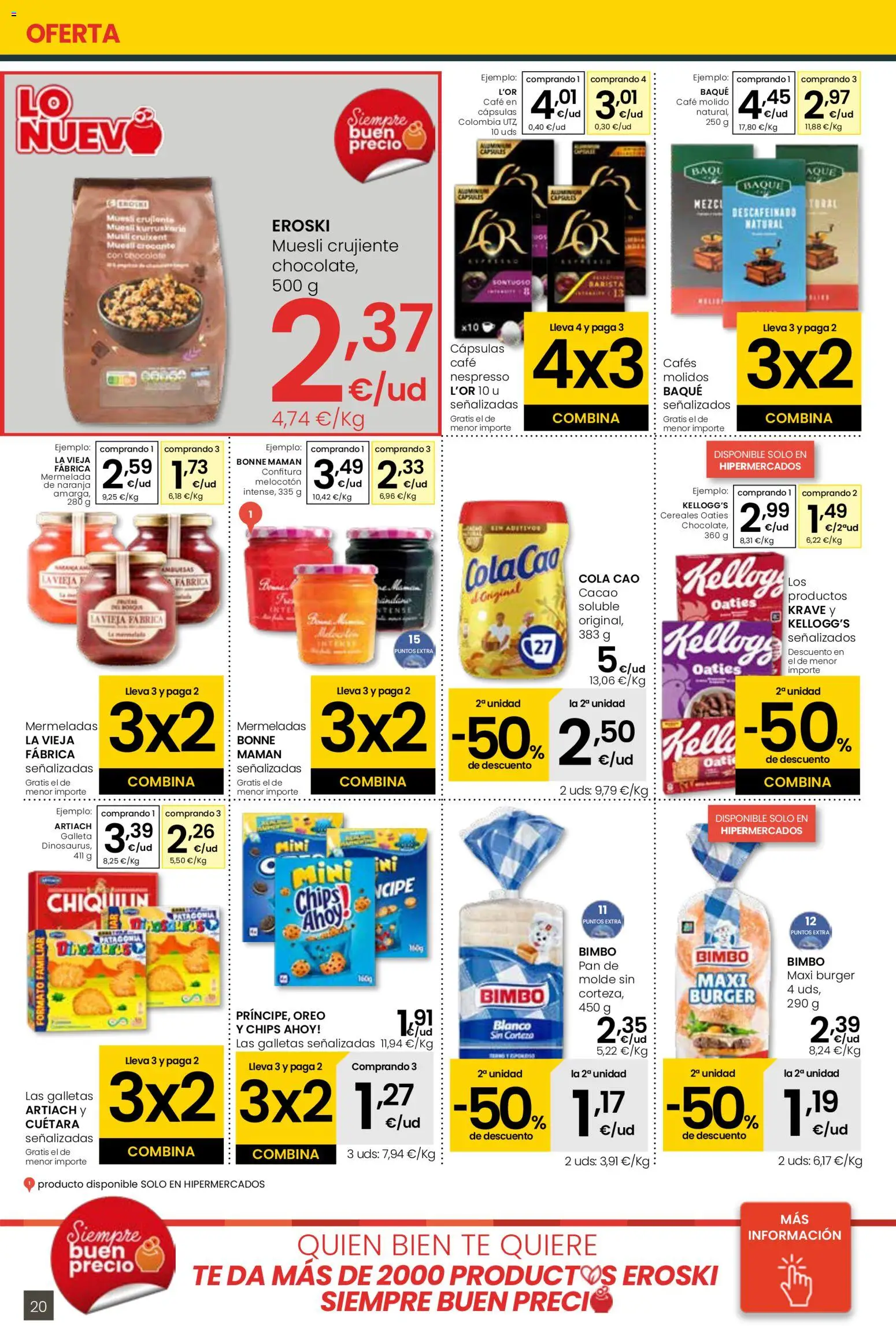 Eroski - 3x2  │ válido desde el 30.10.2025 | Página: 20 | Productos: Pan, Café, Chocolate, Cacao soluble