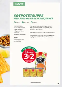 Forhåndsvisning av Joker Eldorado oppskriftshefte gyldig fra 02.03.2026 | Side: 21 | Produkter: Søtpotet, Koriander, Кутник штукатурний, Boks