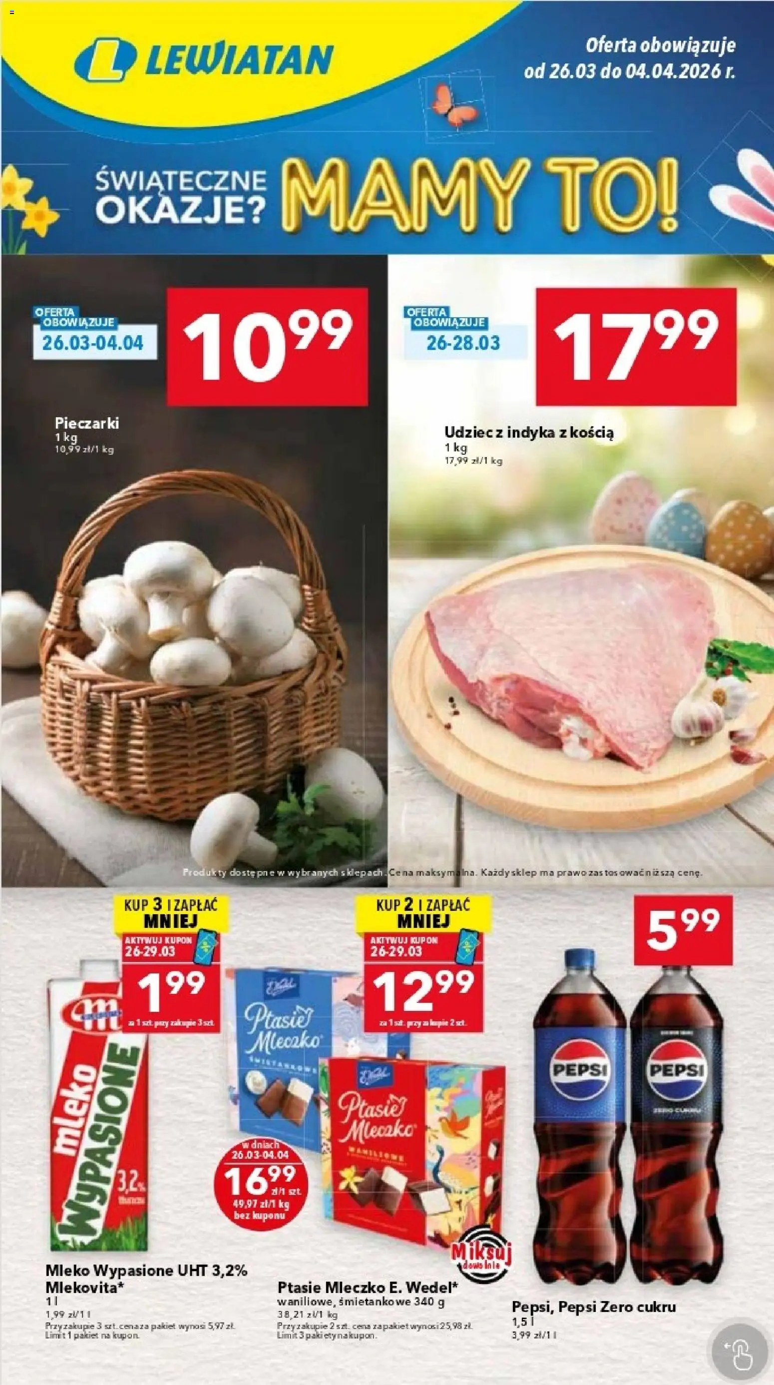 Lewiatan gazetka - Katowice od 26.03.2026 | Strona: 1 | Produkty: Mleko wypasione, Pieczarki, Pepsi, Ptasie mleczko