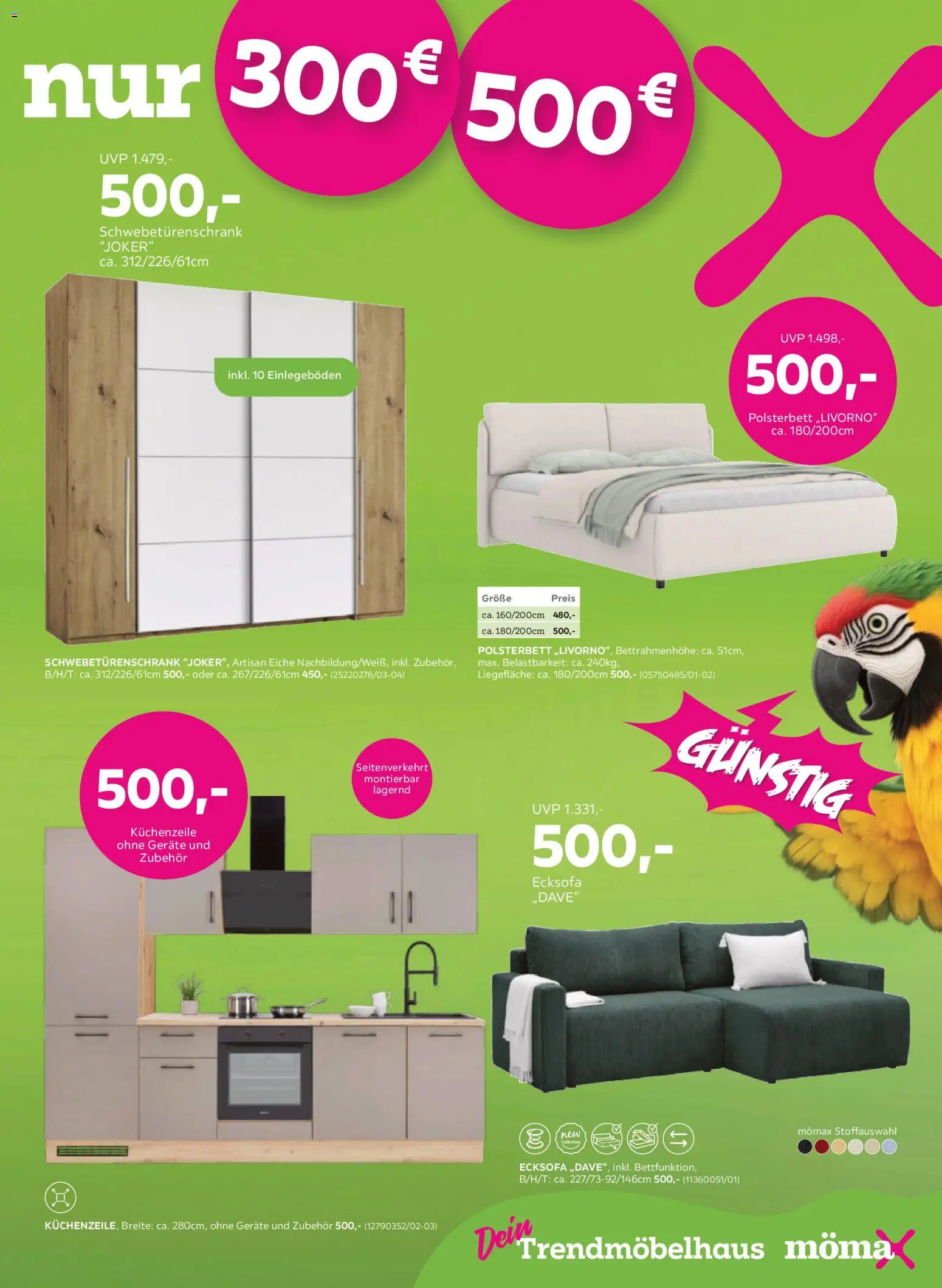 Mömax Prospekt 	 – gültig ab 19.01.2026 | Seite: 15 | Produkte: Ecksofa, Schwebetürenschrank, Polsterbett, Küchenzeile