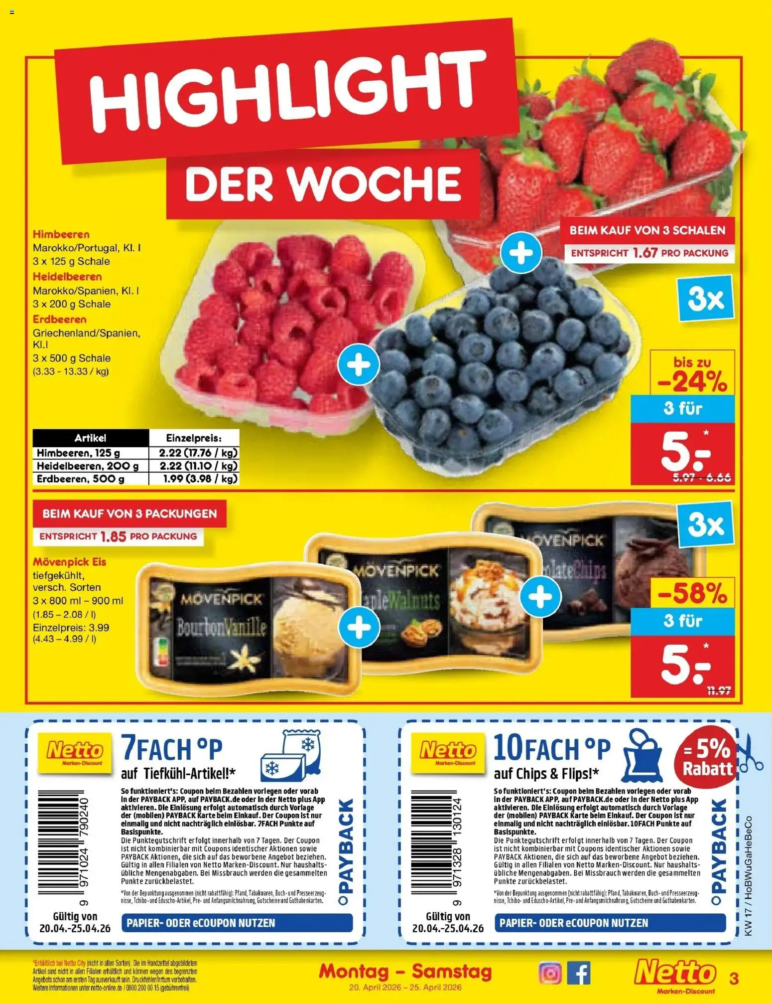 Netto Marken-Discount Prospekt Hannover	 – gültig ab 20.04.2026 | Seite: 3 | Produkte: Heidelbeeren, Movenpick eis, Erdbeeren, Chips
