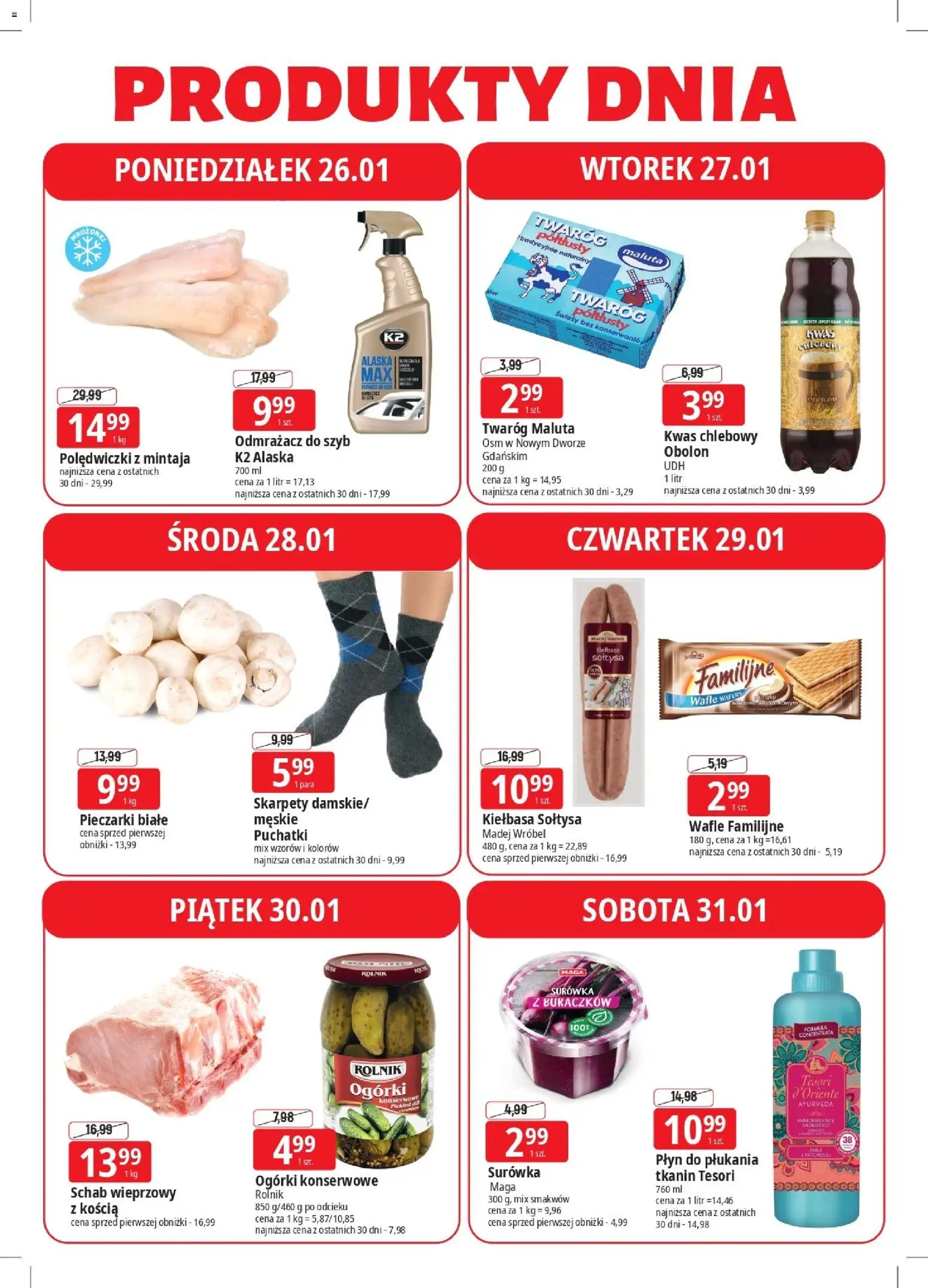 E.Leclerc Gazetka - Elbląg od 26.01.2026 | Strona: 4 | Produkty: Skarpety, Twaróg półtłusty, Schab, Ogórki konserwowe