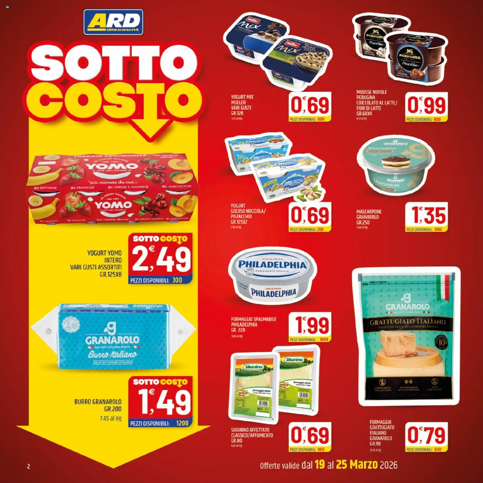 Volantino ARD Discount del 19.03.2026 | Pagina: 2 | Prodotti: Banane, Latte, Burro, Albicocche