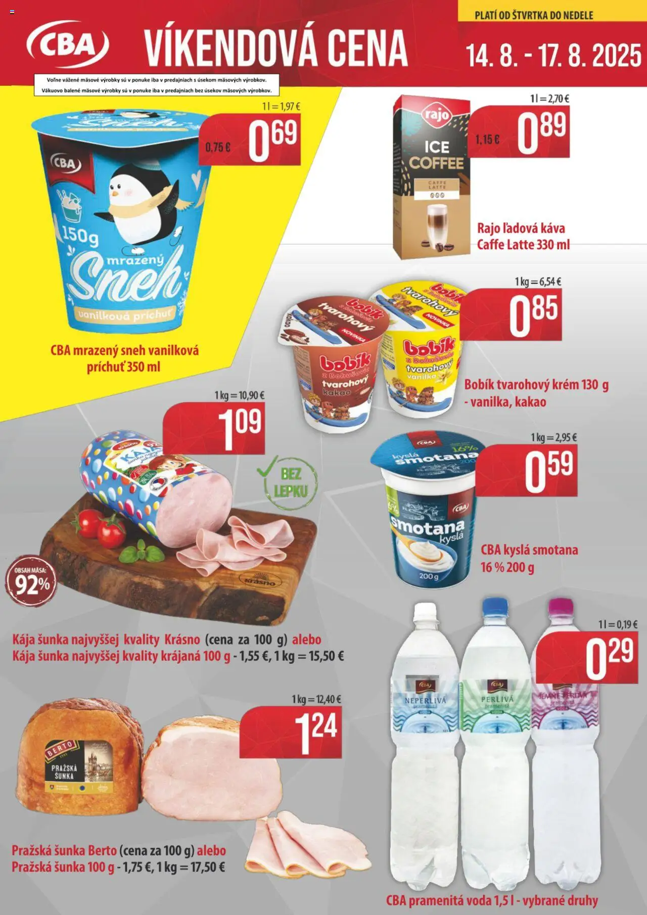 Nitrazdroj víkendové ceny CBA │ platný od 14.08.2025 | Strana: 1 | Produkty: Káva, Šunka, Voda, Kakao