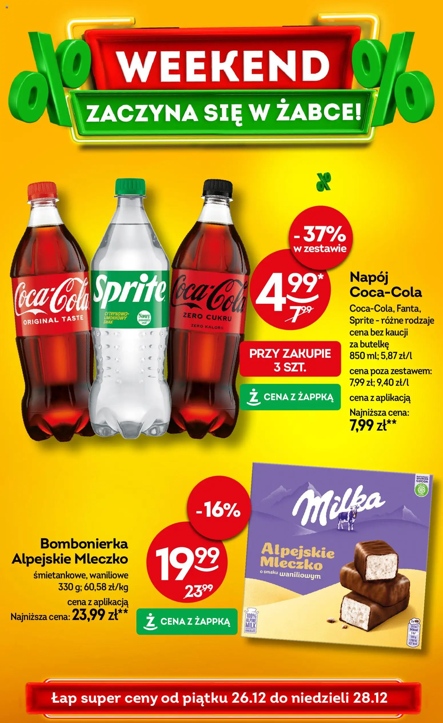 Żabka Gazetka - Weekendowe promocje od 26.12.2025 | Strona: 1 | Produkty: Bombonierka, Sprite, Milka