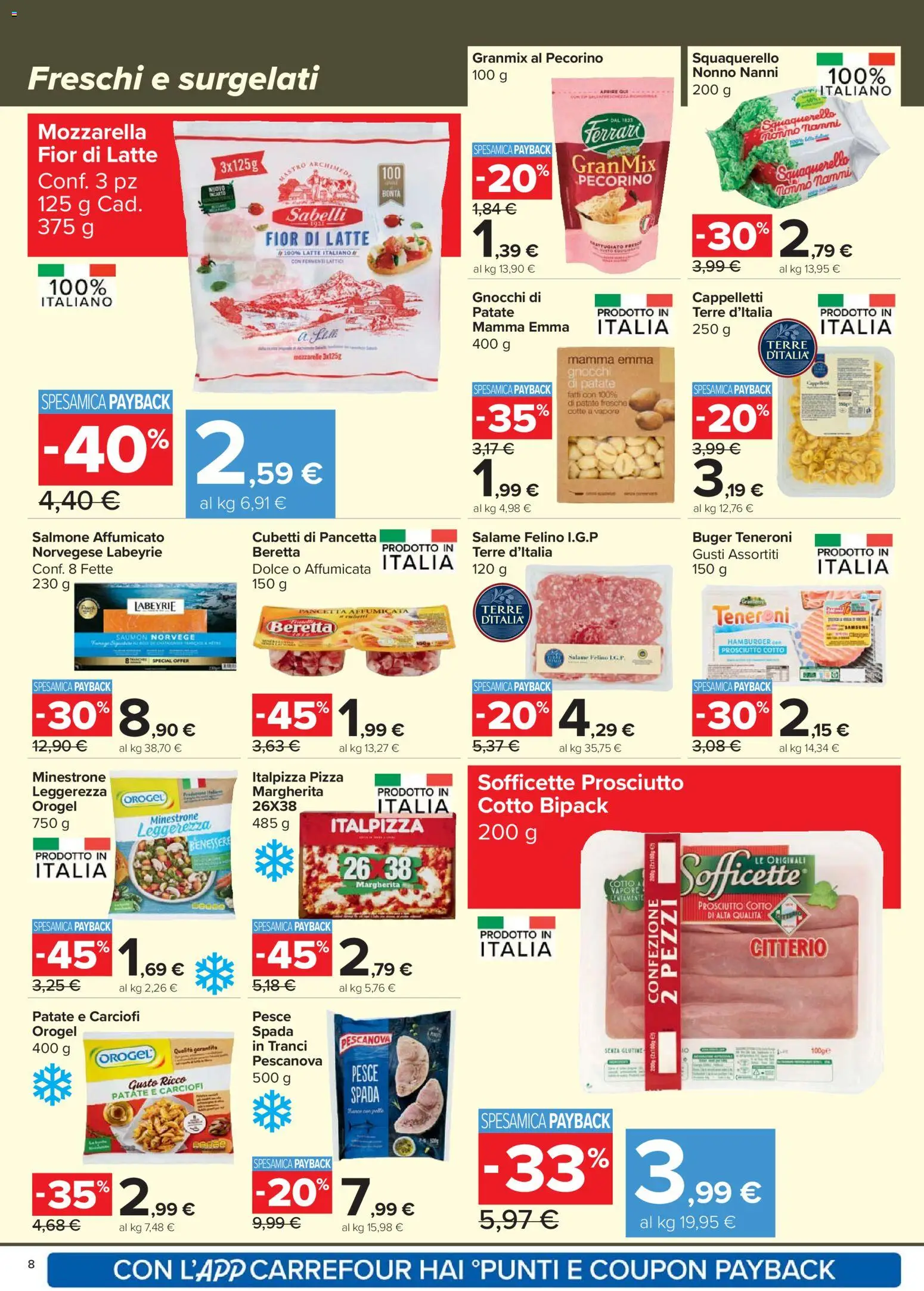 Volantino Carrefour del 13.03.2026 | Pagina: 8 | Prodotti: Salmone, Pesce, Pancetta, Gnocchi