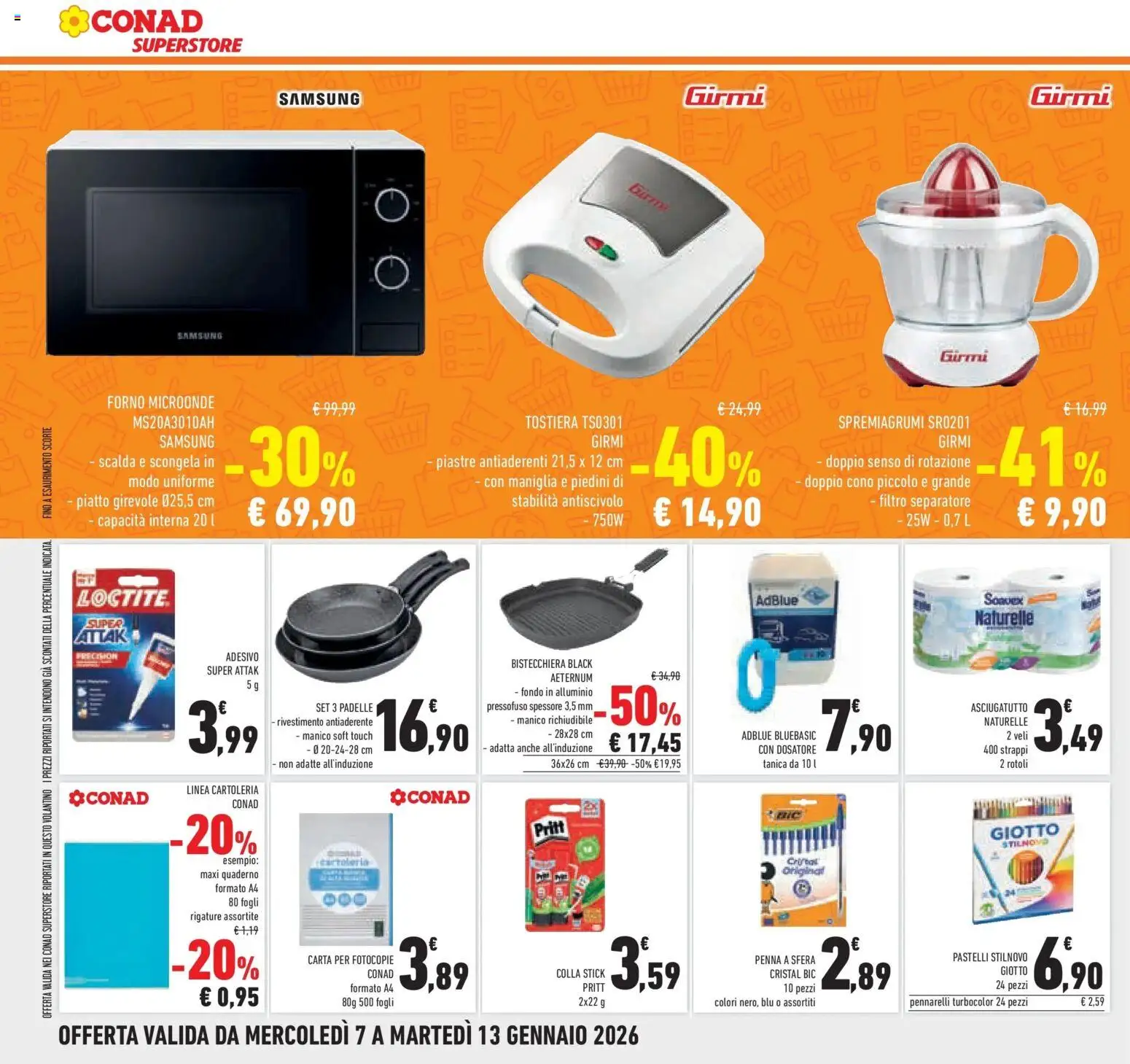 Volantino Conad del 07.01.2026 | Pagina: 14 | Prodotti: Tostiera, Piatto, Spremiagrumi, Pennarelli