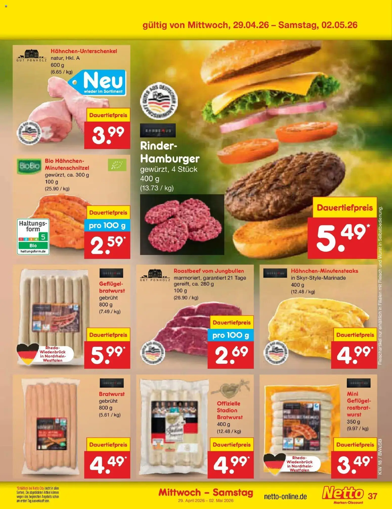 Netto Marken-Discount Prospekt Stemwede-Dielingen	 – gültig ab 27.04.2026 | Seite: 51 | Produkte: Hahnchen, Bratwurst, Wurst, Fleisch