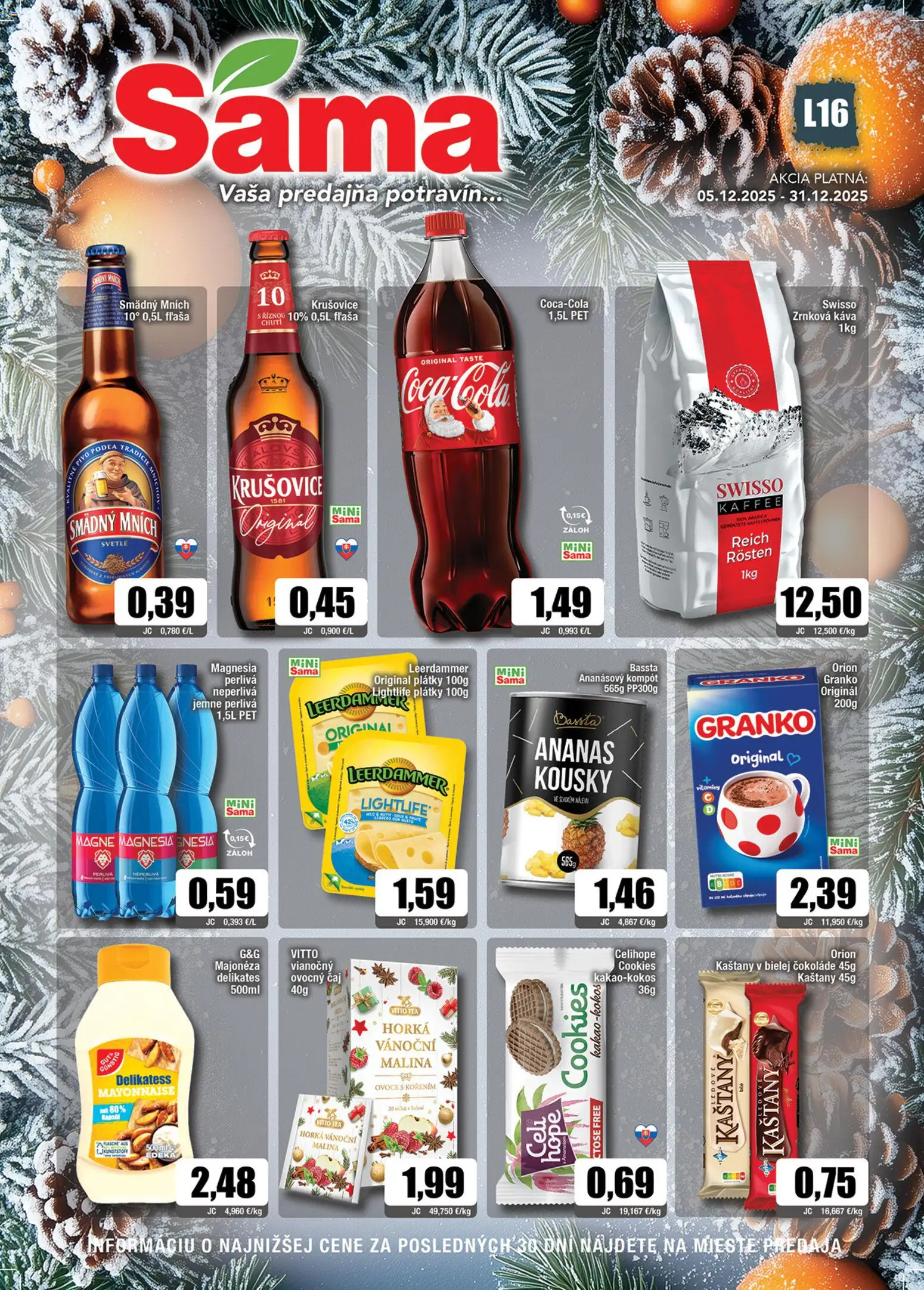 Nové Sama akcie – leták je platný od 05.12.2025 | Strana: 1 | Produkty: Pivo, Čaj, Magnesia, Coca cola