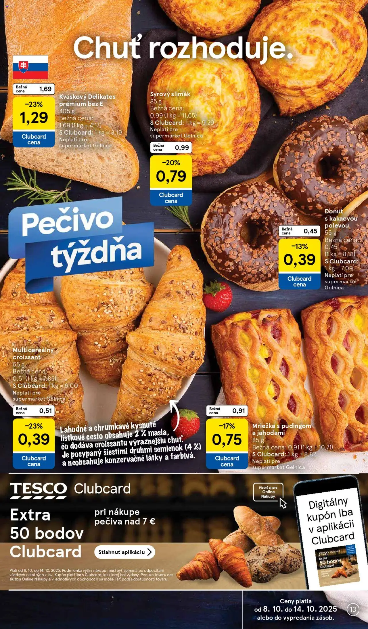 Nové Tesco akcie – leták je platný od 08.10.2025 | Strana: 13 | Produkty: Donut, Croissant, Lístkové cesto