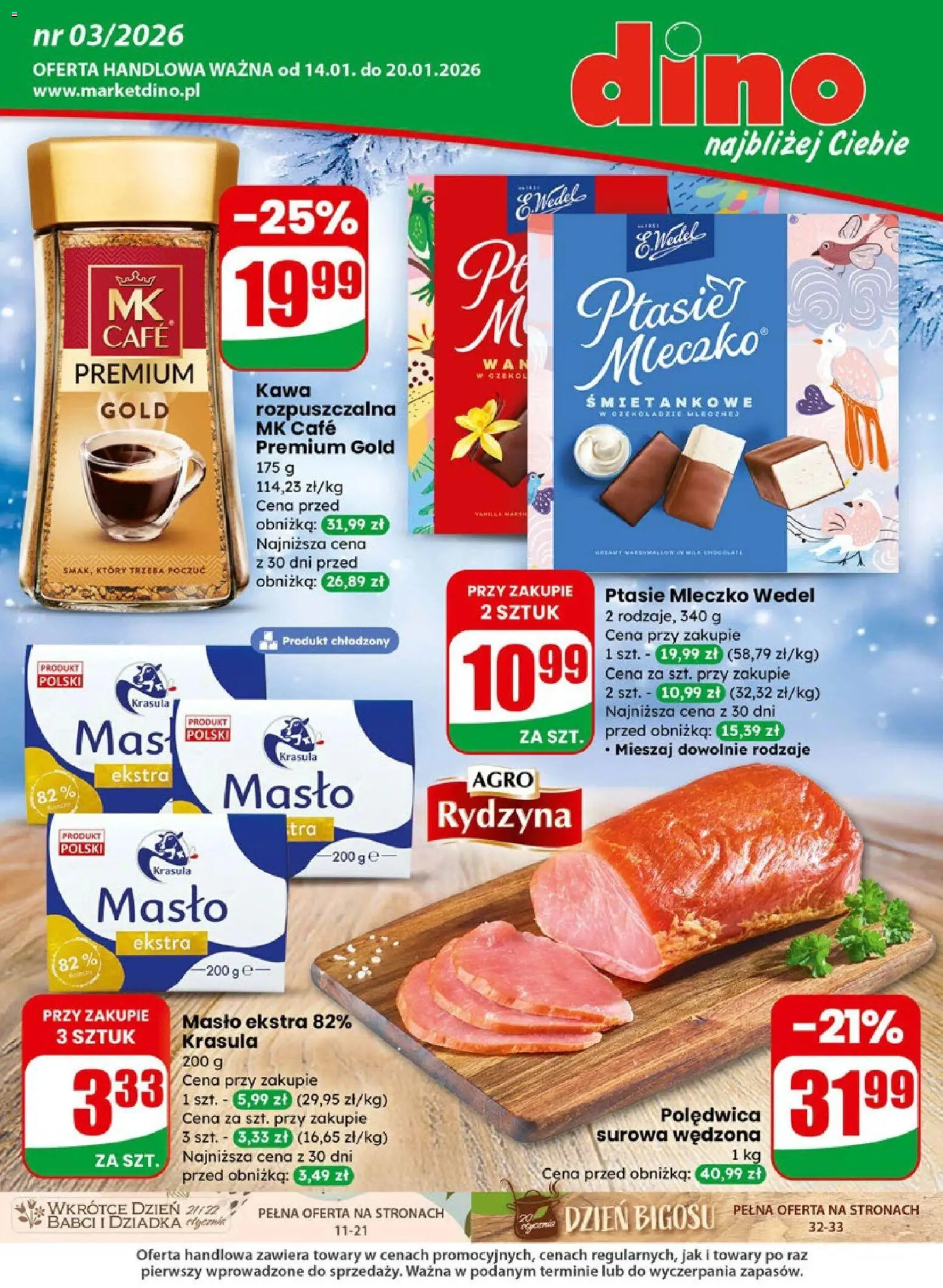 Dino Gazetka od 14.01.2026 | Strona: 1 | Produkty: Kawa rozpuszczalna, Ptasie mleczko, Masło, Kawa