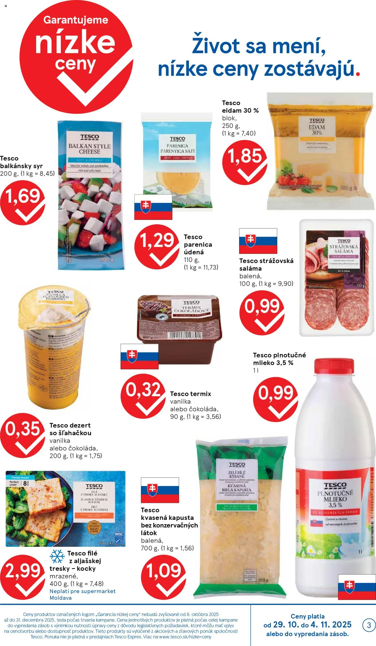 Nové Tesco akcie – leták je platný od 29.10.2025 | Strana: 3 | Produkty: Kapusta, Mlieko, Saláma, Balkánsky syr