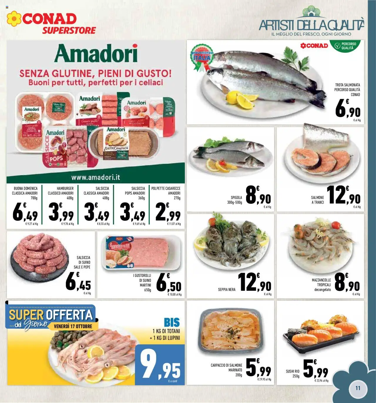 Volantino Conad del 08.10.2025 | Pagina: 11 | Prodotti: Lupini, Salmone, Spigola, Polpette