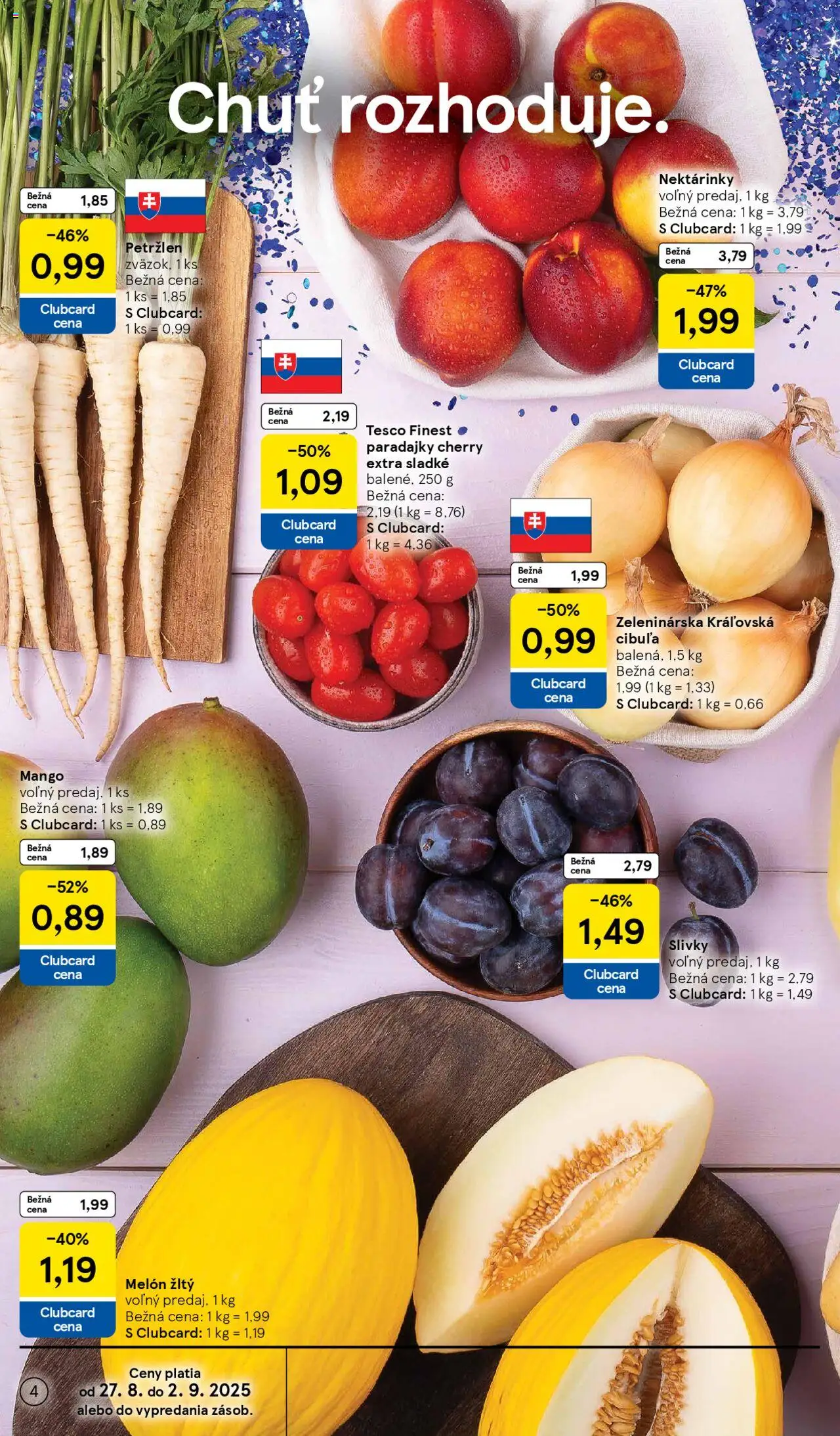 Tesco Supermarket - leták │ platný od 27.08.2025 | Strana: 4 | Produkty: Paradajky, Cibuľa, Slivky, Petržlen