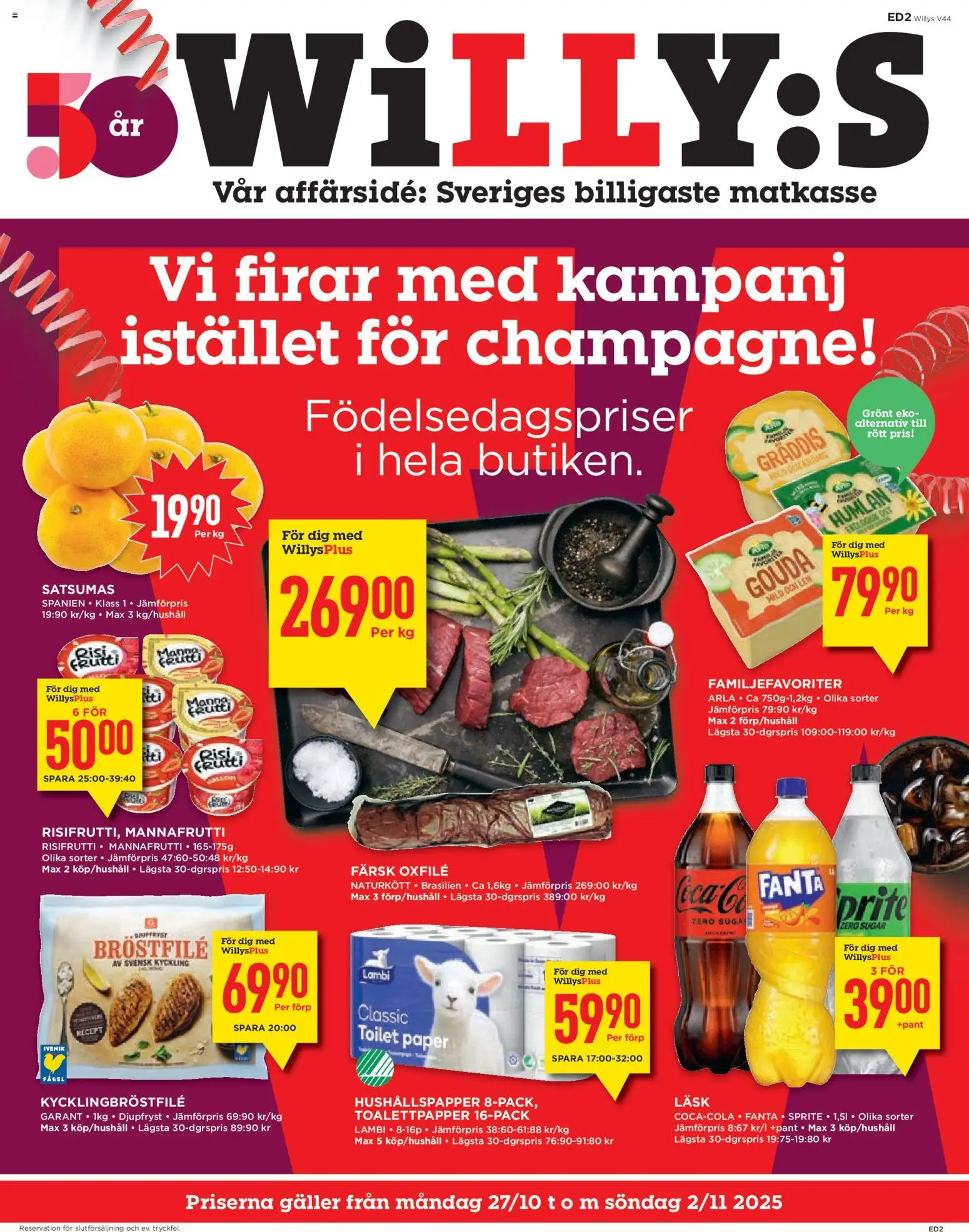 Willys reklamblad aktuell från 27.10.2025 | Sida: 1 | Produkter: Toalettpapper, Galler, Fanta, Oxfilé