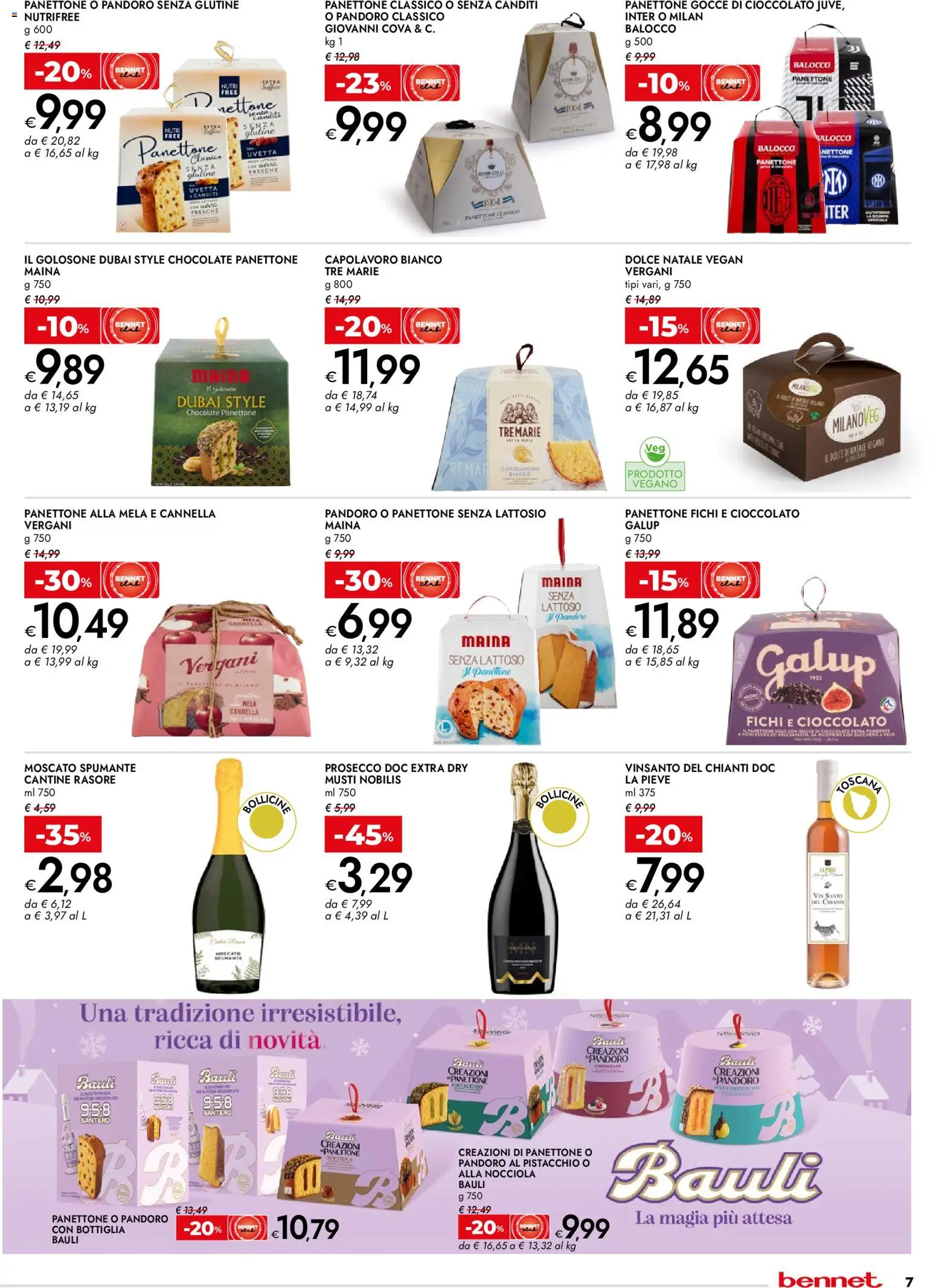 Volantino bennet del 27.11.2025 | Pagina: 7 | Prodotti: Cioccolato, Prosecco, Panettone, Bottiglia