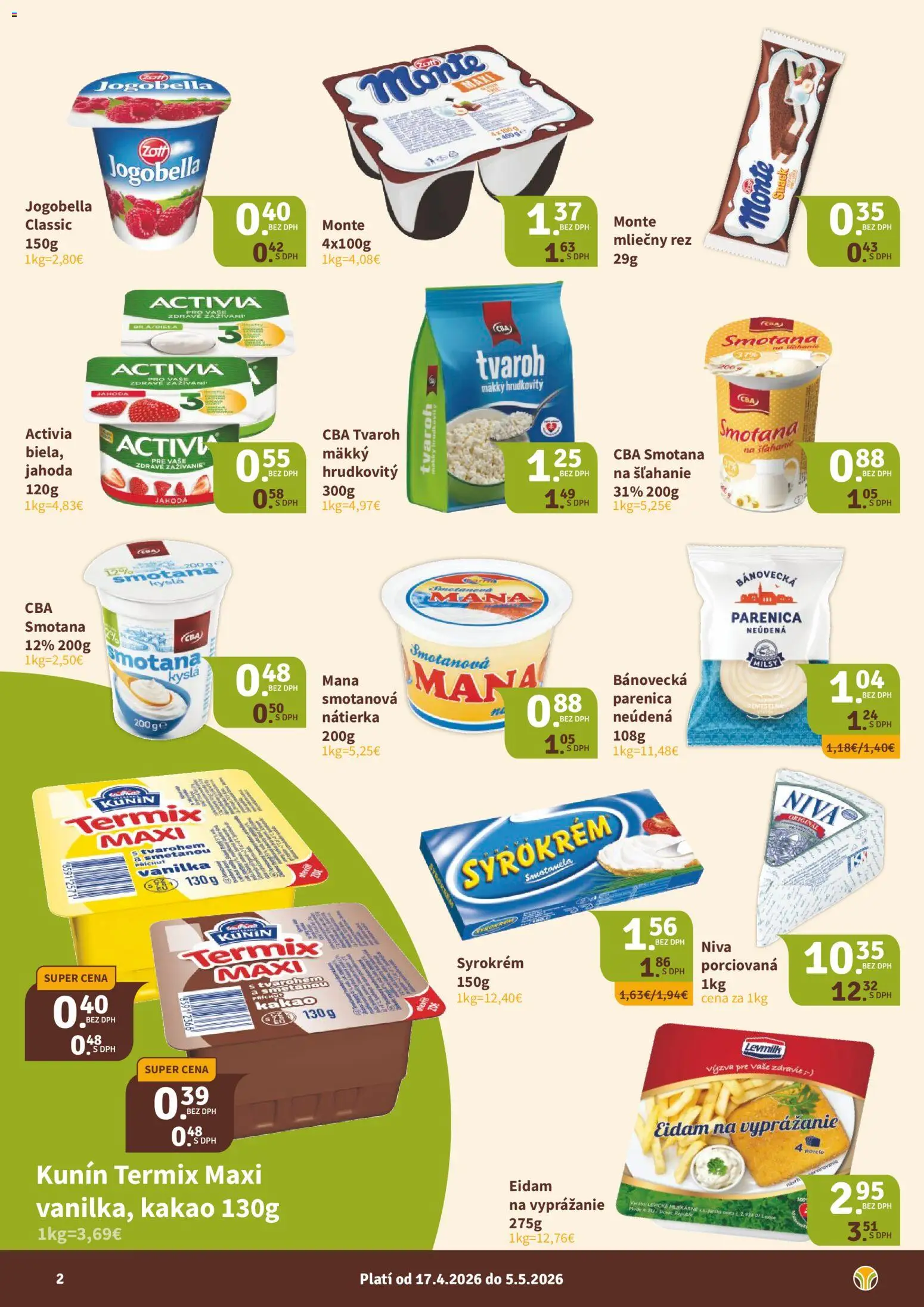 Nové Nitrazdroj akcie – leták je platný od 17.04.2026 | Strana: 2 | Produkty: Smotana, Eidam, Smotana na šľahanie, Kakao