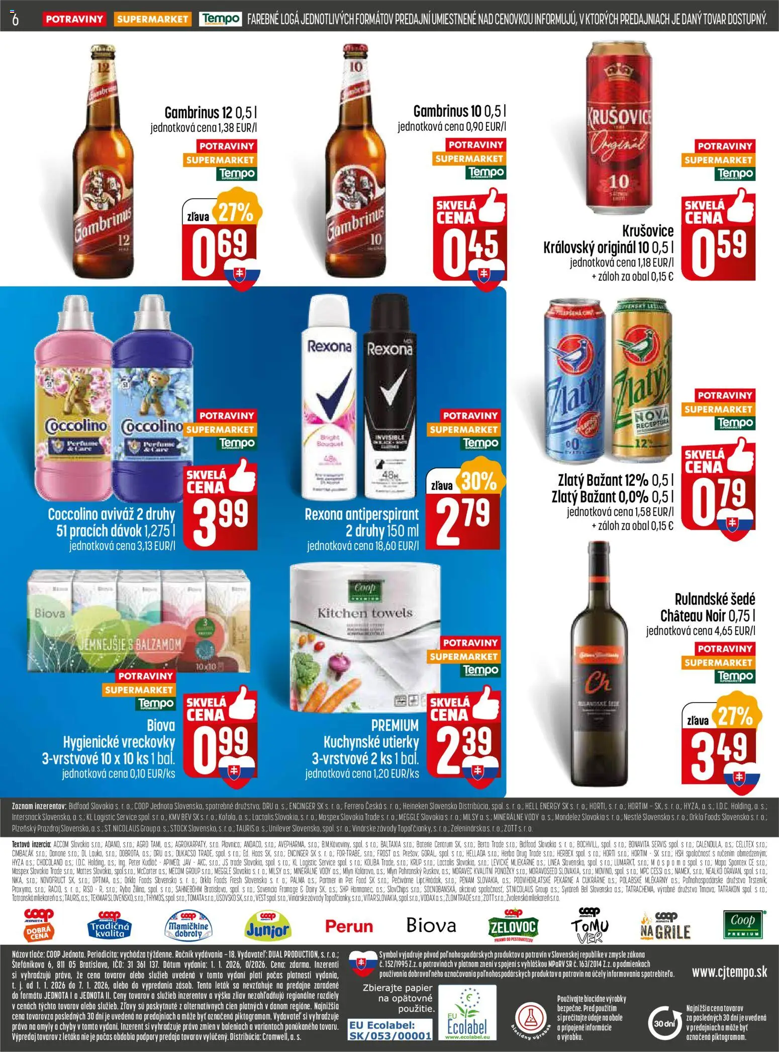 Nové COOP Jednota akcie – leták je platný od 01.01.2026 | Strana: 6 | Produkty: Krušovice, Aviváž, Coccolino, Gambrinus