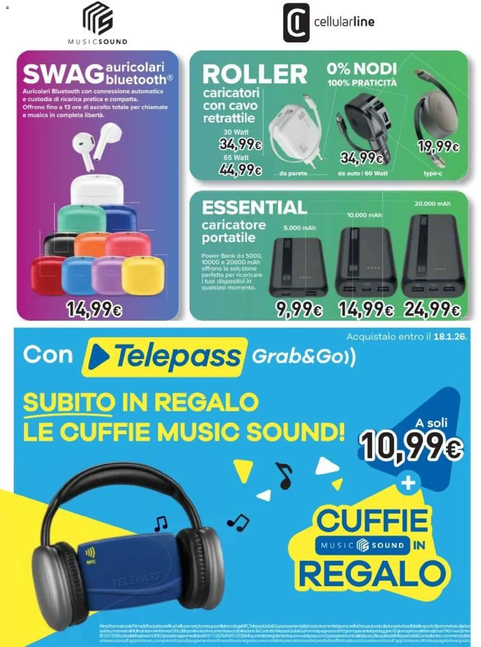 Volantino Unieuro del 26.11.2025 | Pagina: 49 | Prodotti: Auricolari, Power bank, Cuffie, Cavo