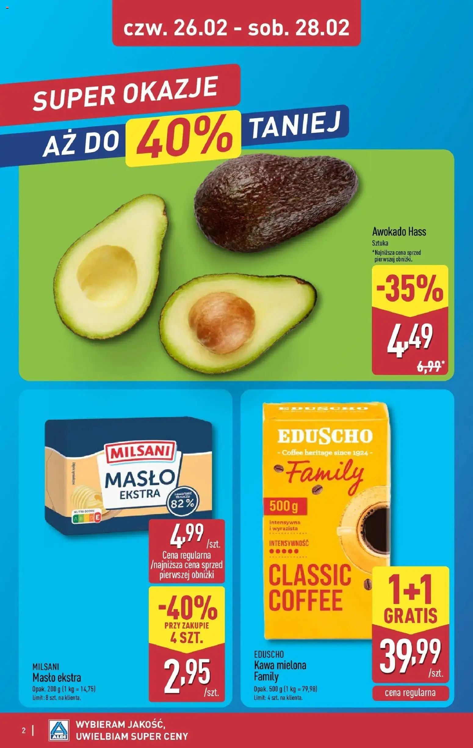 Aldi Gazetka - Okazje na weekend od 26.02.2026 | Strona: 2 | Produkty: Masło, Kawa, Awokado