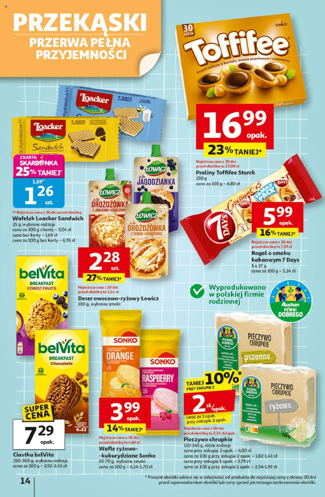 Auchan Gazetka - Odlotowe ceny na start szkoły Hipermarket od 28.08.2025 | Strona: 14 | Produkty: Wafle, Pieczywo chrupkie, Praliny, Toffifee