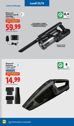 LIDL - Prévisualisation de Silvercrest® Aspirateur sans fil cyclonique, Aspirateur sans fil cyclonique, L'unité. n°478842, UTILISABLE COMME ASPIRATEUR À MAIN OU ASPIRATEUR BALAI, Jusqu'à 45 mn d'autonomie valide à partir de 18.12.2025 | Page: 72