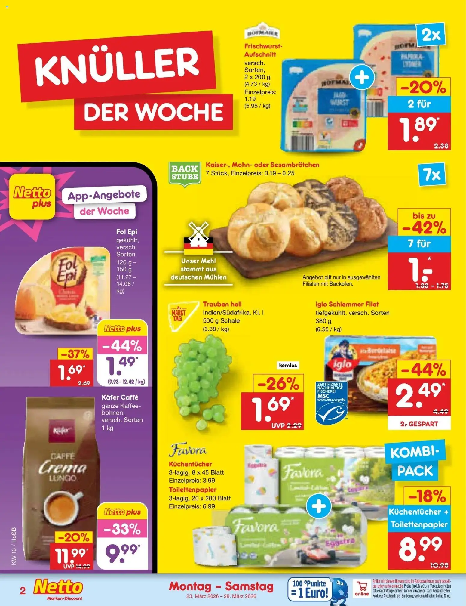 Netto Marken-Discount Prospekt Hannover	 – gültig ab 23.03.2026 | Seite: 2 | Produkte: Mehl, Trauben, Iglo, Toilettenpapier