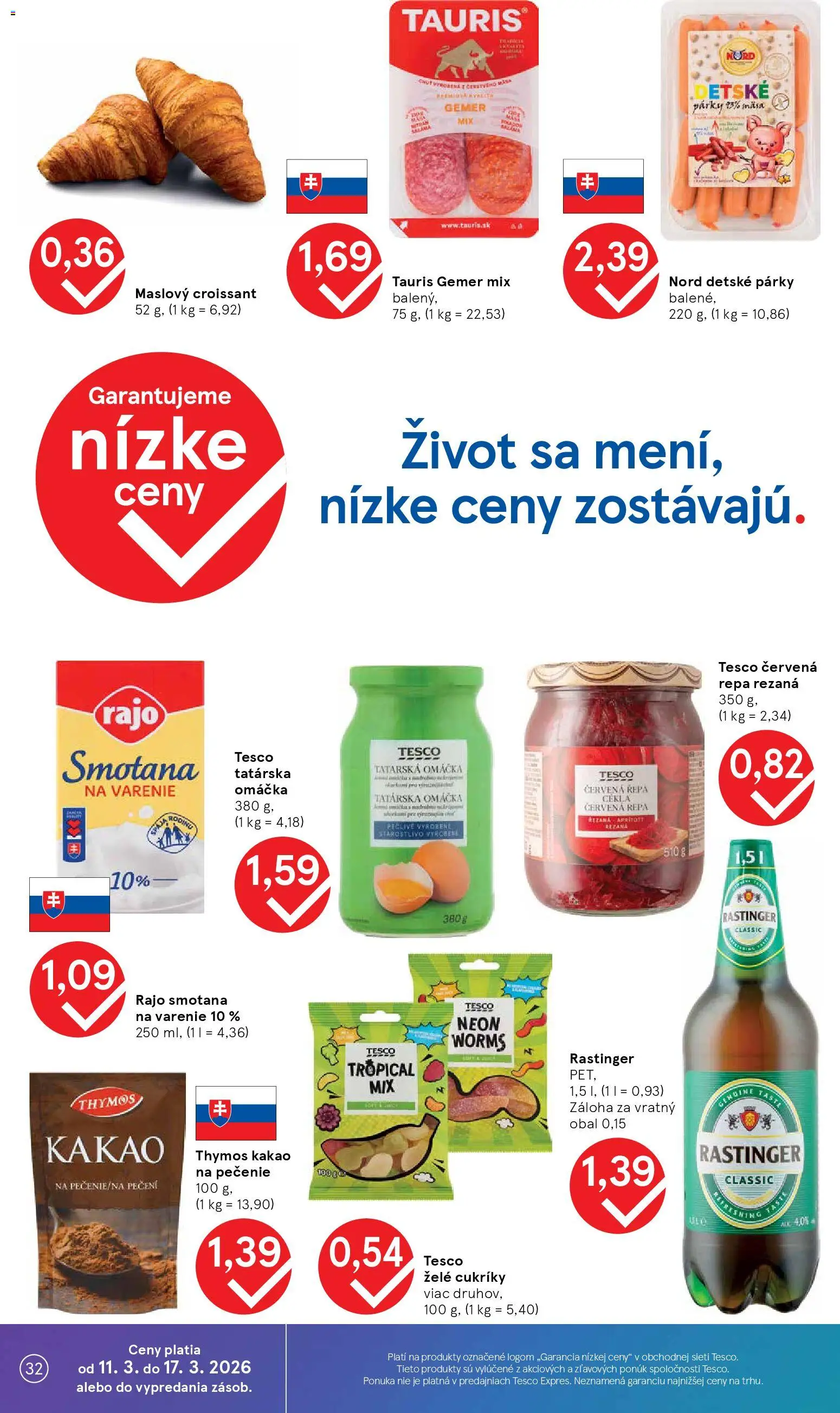 Nové Tesco akcie – leták je platný od 11.03.2026 | Strana: 32 | Produkty: Tatárska omáčka, Omáčka, Červená repa, Kakao