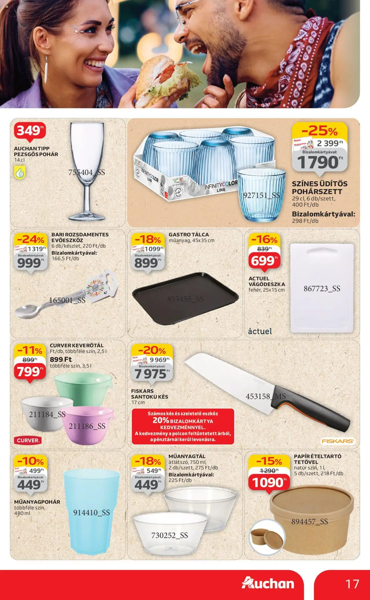 Auchan akciós ujság - amely érvényes a következő dátumtól: 19.06.2025 | Oldal: 17 | Termékek: Ételtartó, Evőeszköz, Kés, Pohár