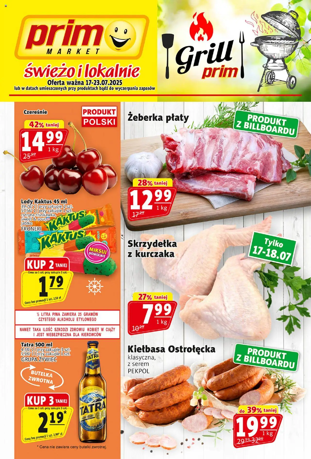 Prim Market Gazetka od 17.07.2025 | Strona: 1 | Produkty: Kiełbasa, Grill, Czereśnie, Lody Kaktus