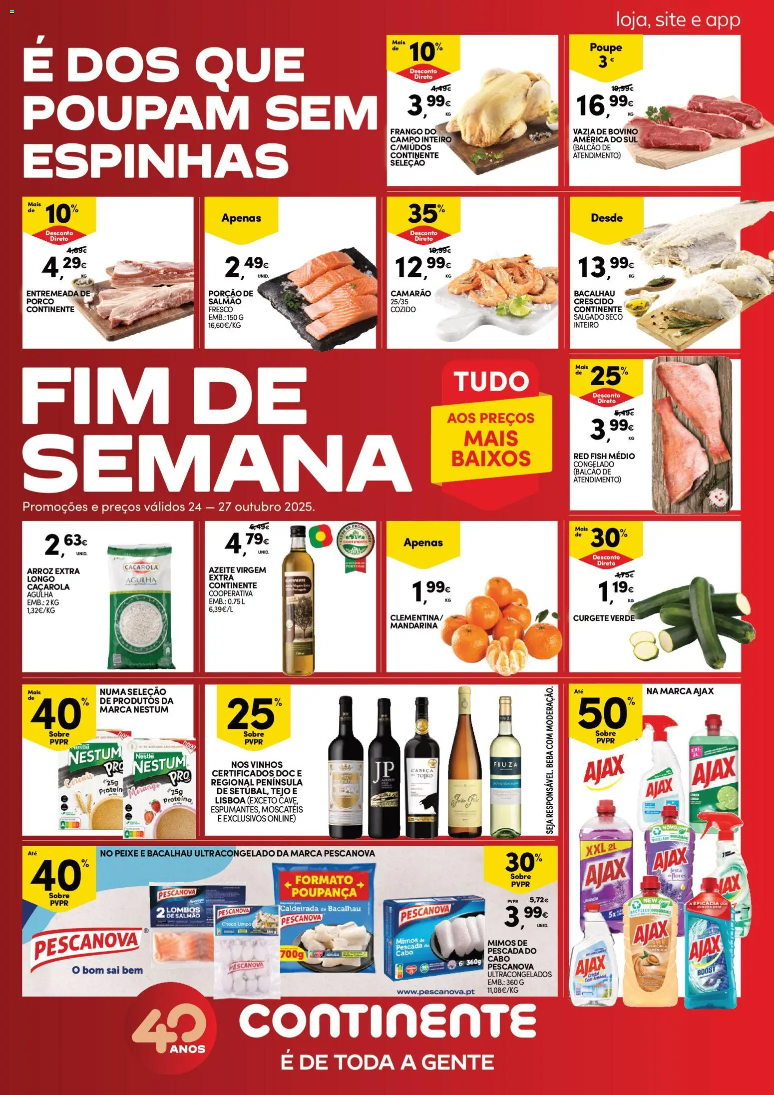 Continente - Fim de Semana │ válido de 24.10.2025 | Página: 1 | Produtos: Bacalhau, Flores, Curgete, Proteina