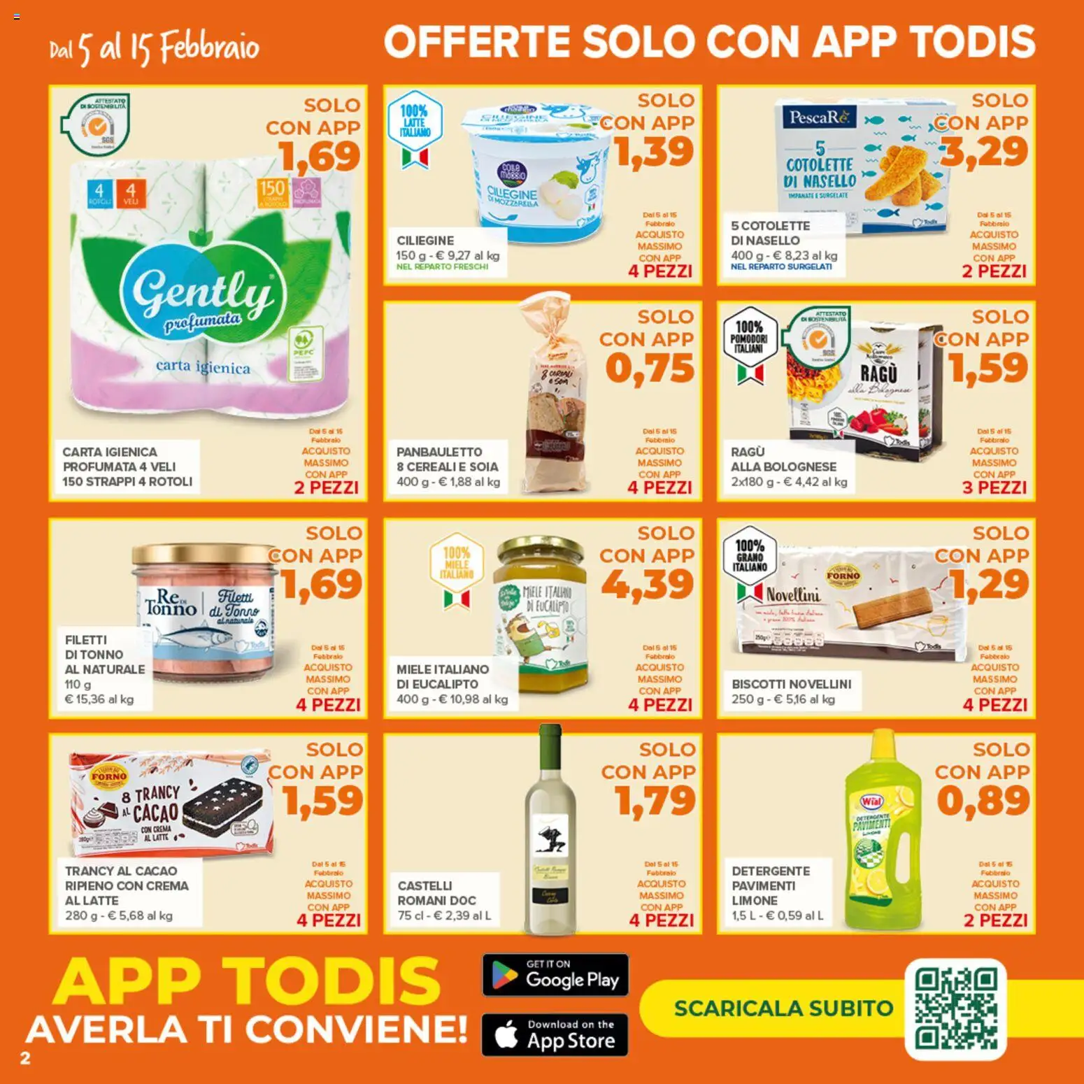 Volantino Todis del 05.02.2026 | Pagina: 2 | Prodotti: Crema, Carta igienica, Detergente, Limone