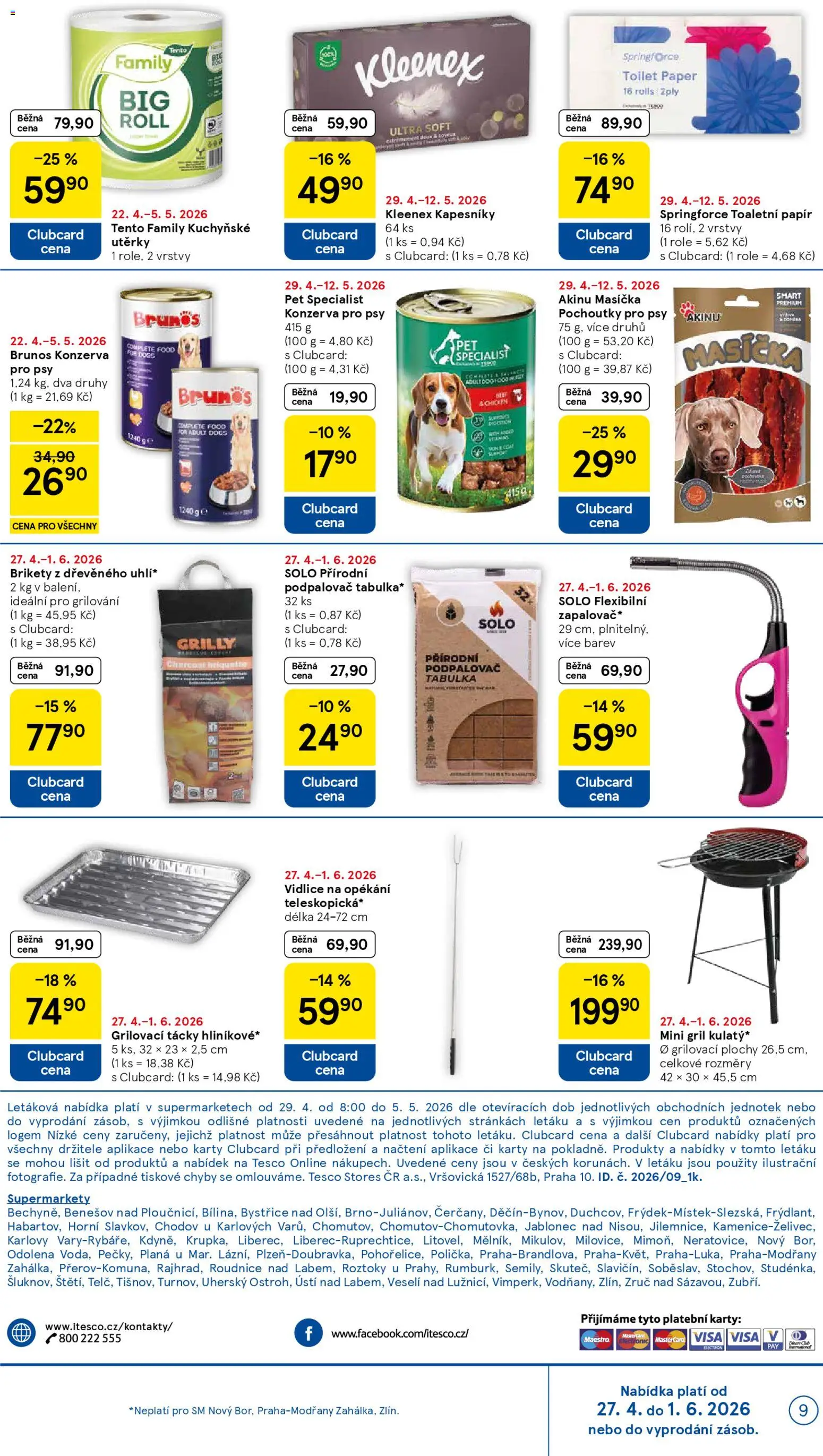 Tesco leták - Supermarket od 29.04.2026 | Strana: 9 | Produkty: Kuchyňské utěrky, Toaletní papír, Konzerva pro psy, Karty