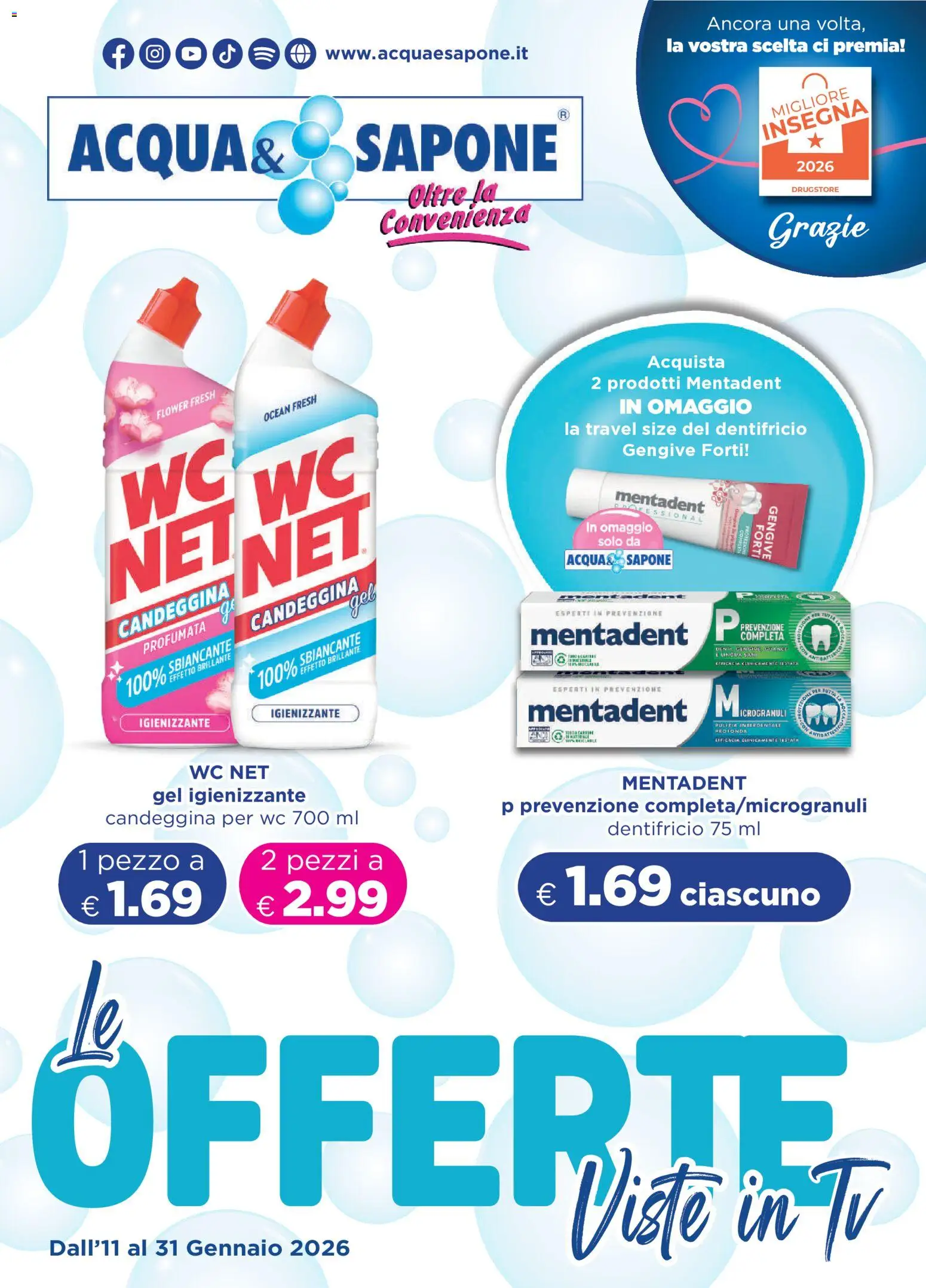 Volantino Acqua e Sapone del 11.01.2026 | Pagina: 1 | Prodotti: Sapone, Dentifricio, TV, WC