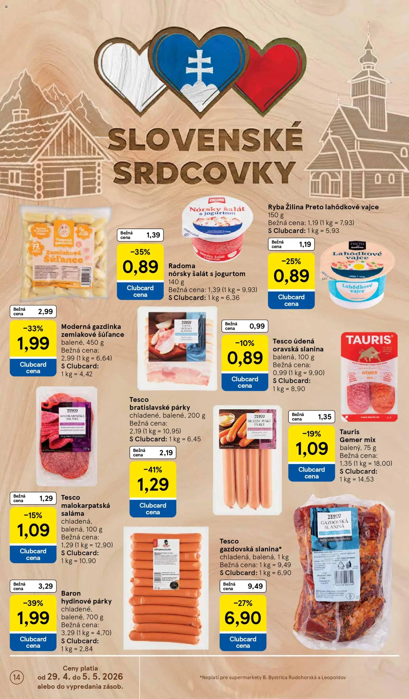 Nové Tesco akcie – leták je platný od 29.04.2026 | Strana: 14 | Produkty: Saláma, Ryba, Šalát, Párky
