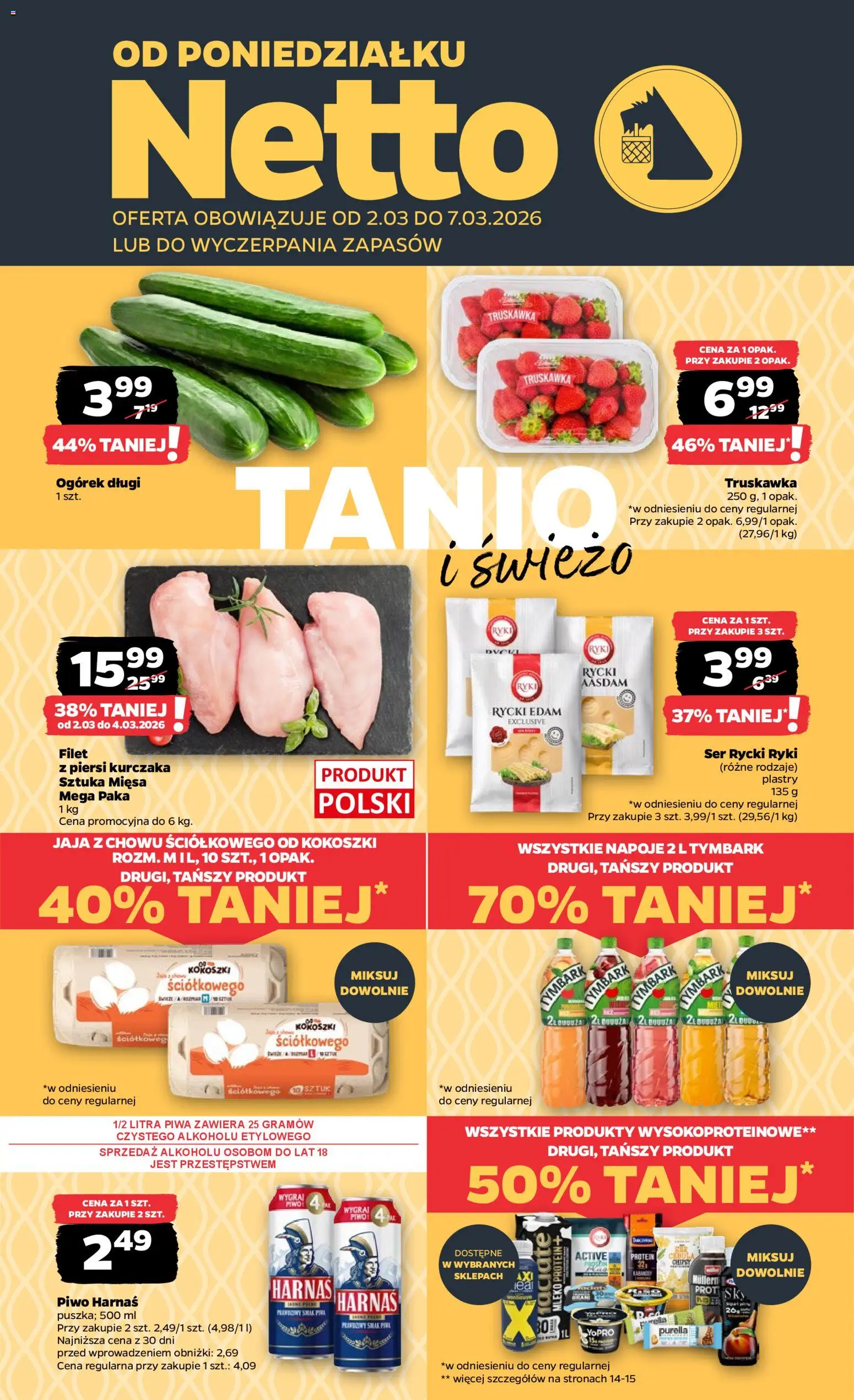 Netto gazetka od poniedziałku spożywcza od 02.03.2026 | Strona: 1 | Produkty: Mleko, Harnaś, Ser, Jaja