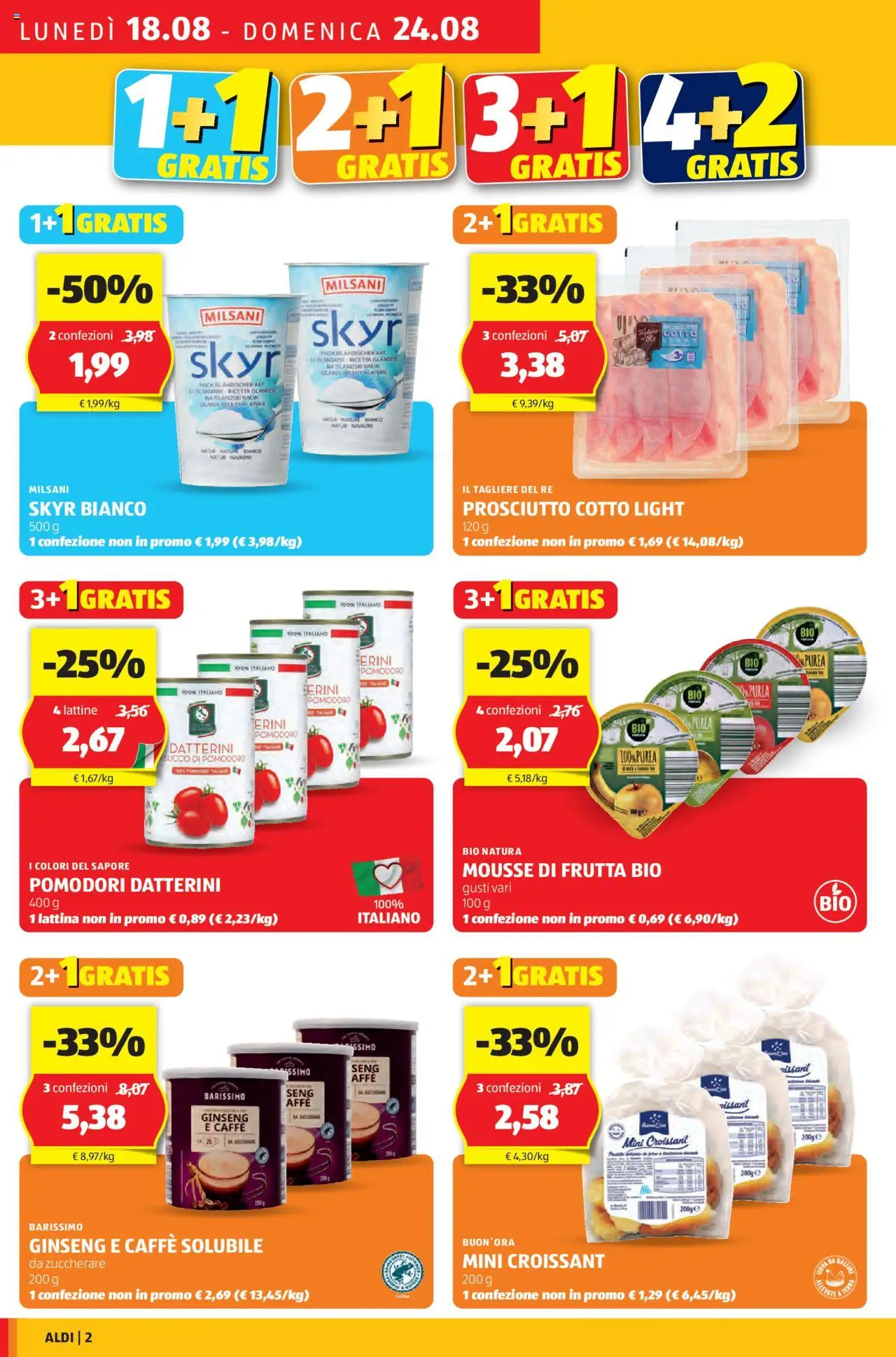 Volantino Aldi del 18.08.2025 | Pagina: 2 | Prodotti: Caffè, Pomodoro, Tagliere, Croissant
